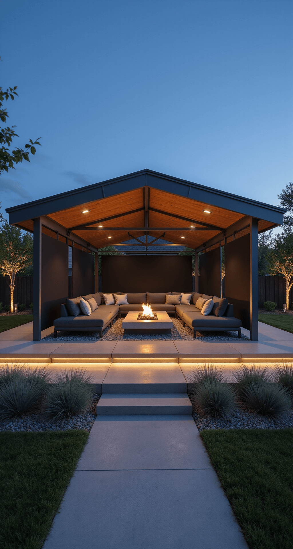 Wide shot of a contemporary 30x40ft entertainment pavilion at twilight, featuring an aluminum and glass structure with motorized screens, modular charcoal seating, a linear fire feature, driftwood gray porcelain tile flooring, and integrated sound and mood lighting.