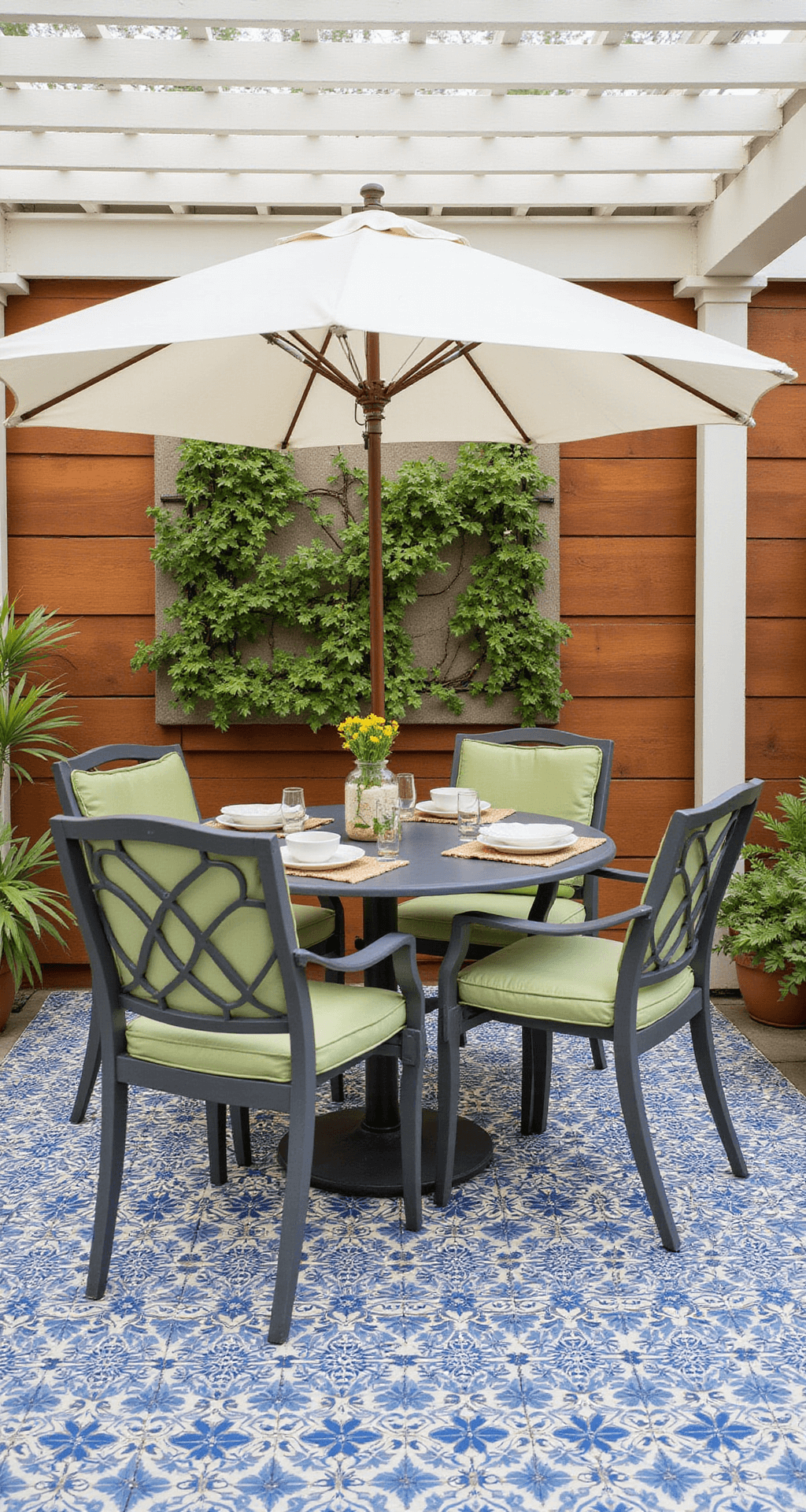 Detail-focused image of a breakfast patio featuring a white wooden pergola with retractable shade cloth, a bistro set made of powder-coated aluminum and sage cushions, a vertical herb garden on a cedar wall, encaustic tile flooring in a blue and white pattern, and a vintage market umbrella, all beautifully illuminated by natural morning light.