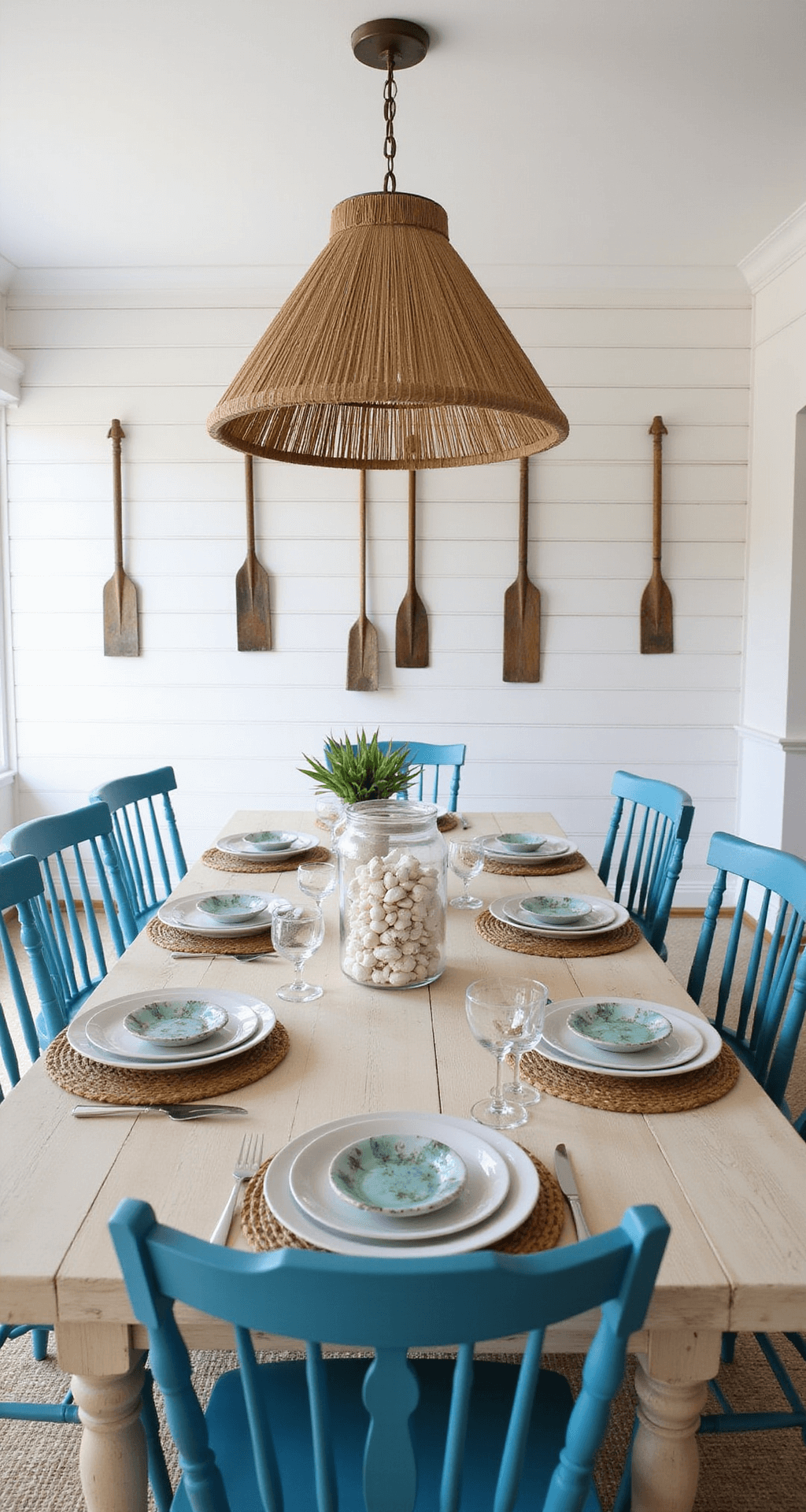 A coastal-casual dining room with a shiplap accent wall, featuring a whitewashed oak table seating eight mixed with blue-painted Windsor chairs, an oversized seagrass pendant above, and shell-filled glass hurricanes on the table. Vintage oars are mounted as wall art, captured in soft, even lighting from table height.