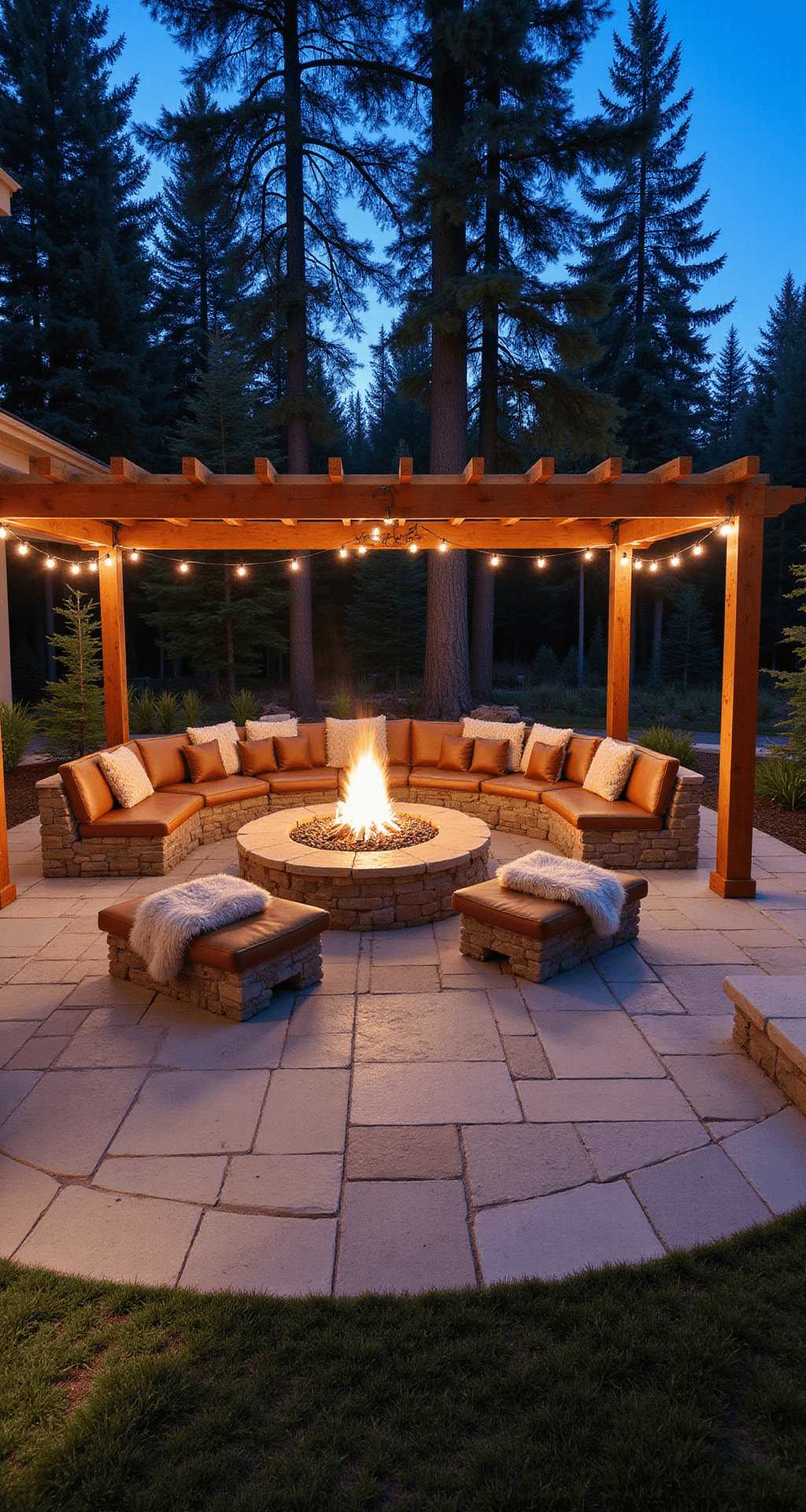 Natural quartzite patio with U-shaped stone benches topped with teak around a large fire pit, adorned with Mongolian faux fur throws and cognac leather cushions. Mature evergreens are dramatically lit, with a cedar pergola overhead draped in cafe lights, captured at dusk with warm fire glow and cool blue ambient light.