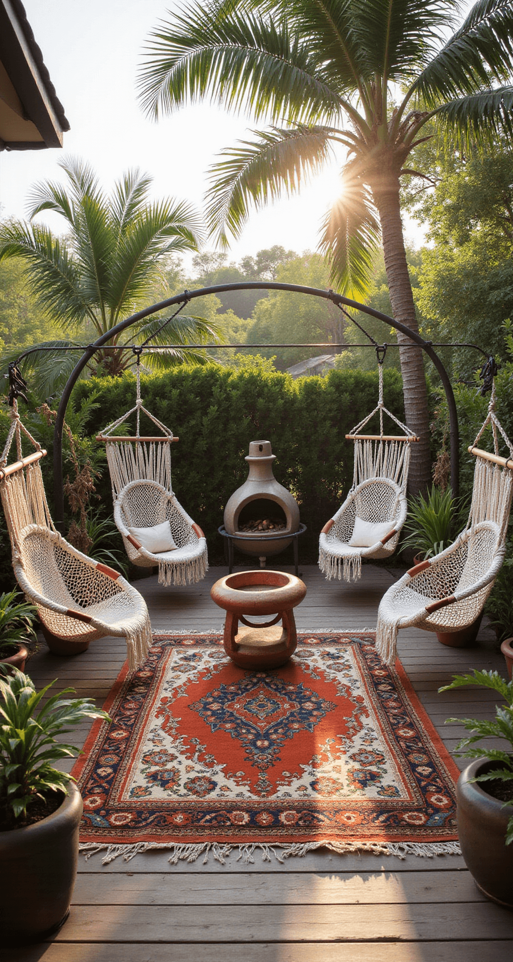 A bohemian-style deck featuring four macramé hanging chairs suspended from a circular steel frame around a ceramic chiminea, with layered Turkish rugs in rust and indigo, brass side tables, and lush potted palms, all illuminated by mid-morning light with sun flare through macramé details.