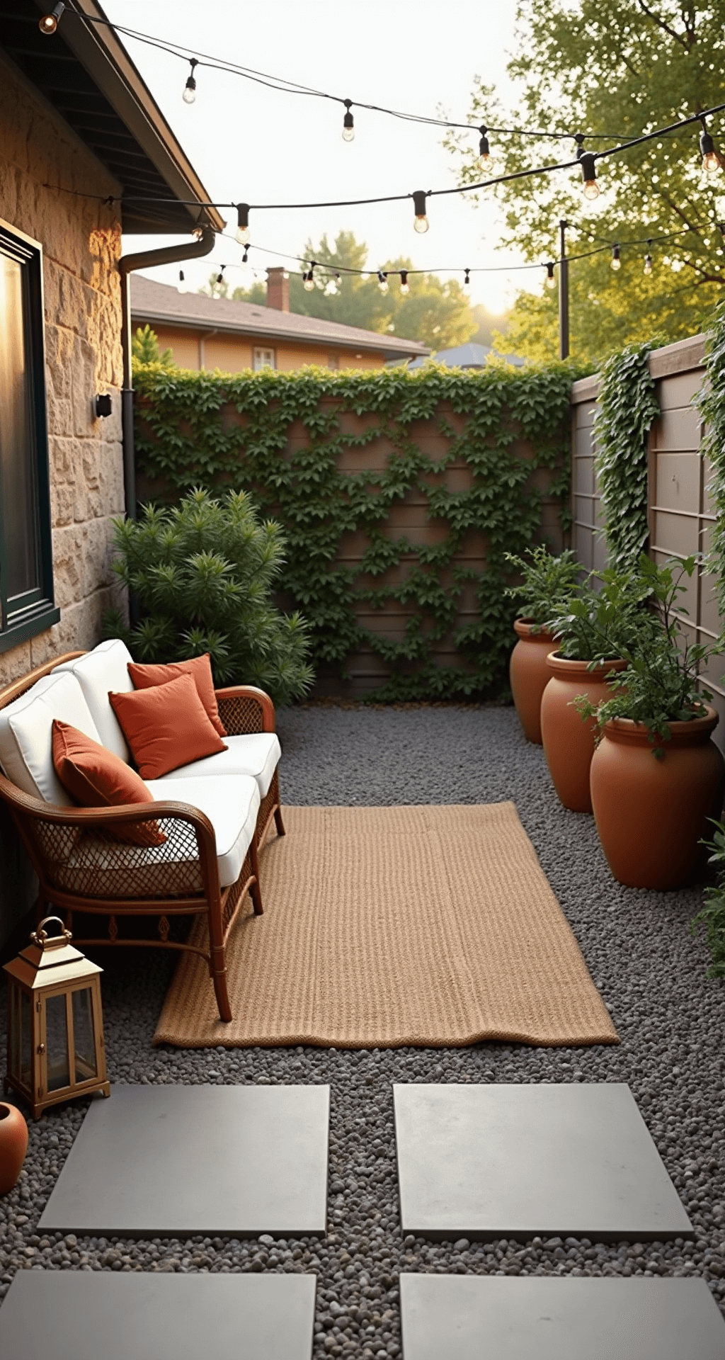 A sun-drenched patio with a pea gravel base and geometric concrete pavers, featuring a vintage rattan loveseat with cream and rust-colored cushions, string lights overhead, terracotta planters with greenery, a jute rug, copper lanterns, and a natural stone wall with climbing ivy.