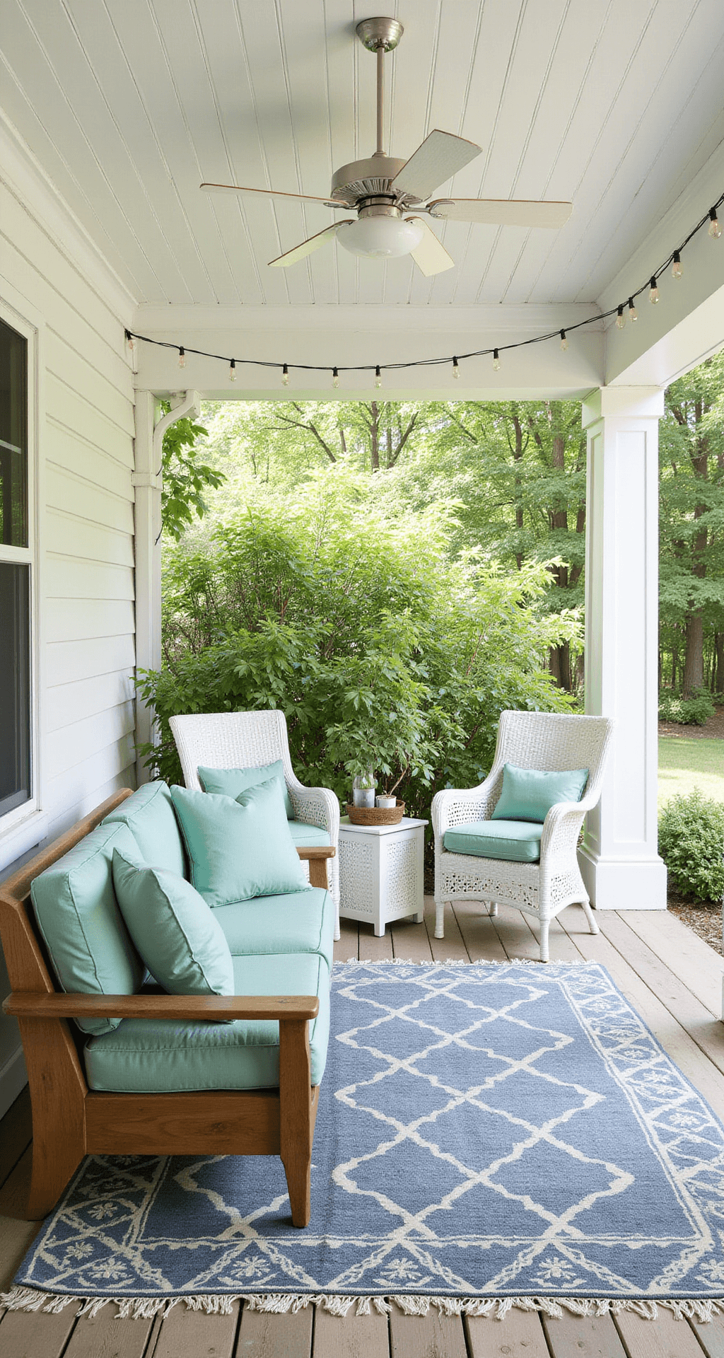 A sunlit summer porch featuring a 12x20ft covered veranda with a white ceiling, dappled light from climbing jasmine, a weathered teak sofa with seafoam green cushions, restored vintage wicker chairs in crisp white, layered geometric rugs, and overhead string lights create an inviting and casual atmosphere.