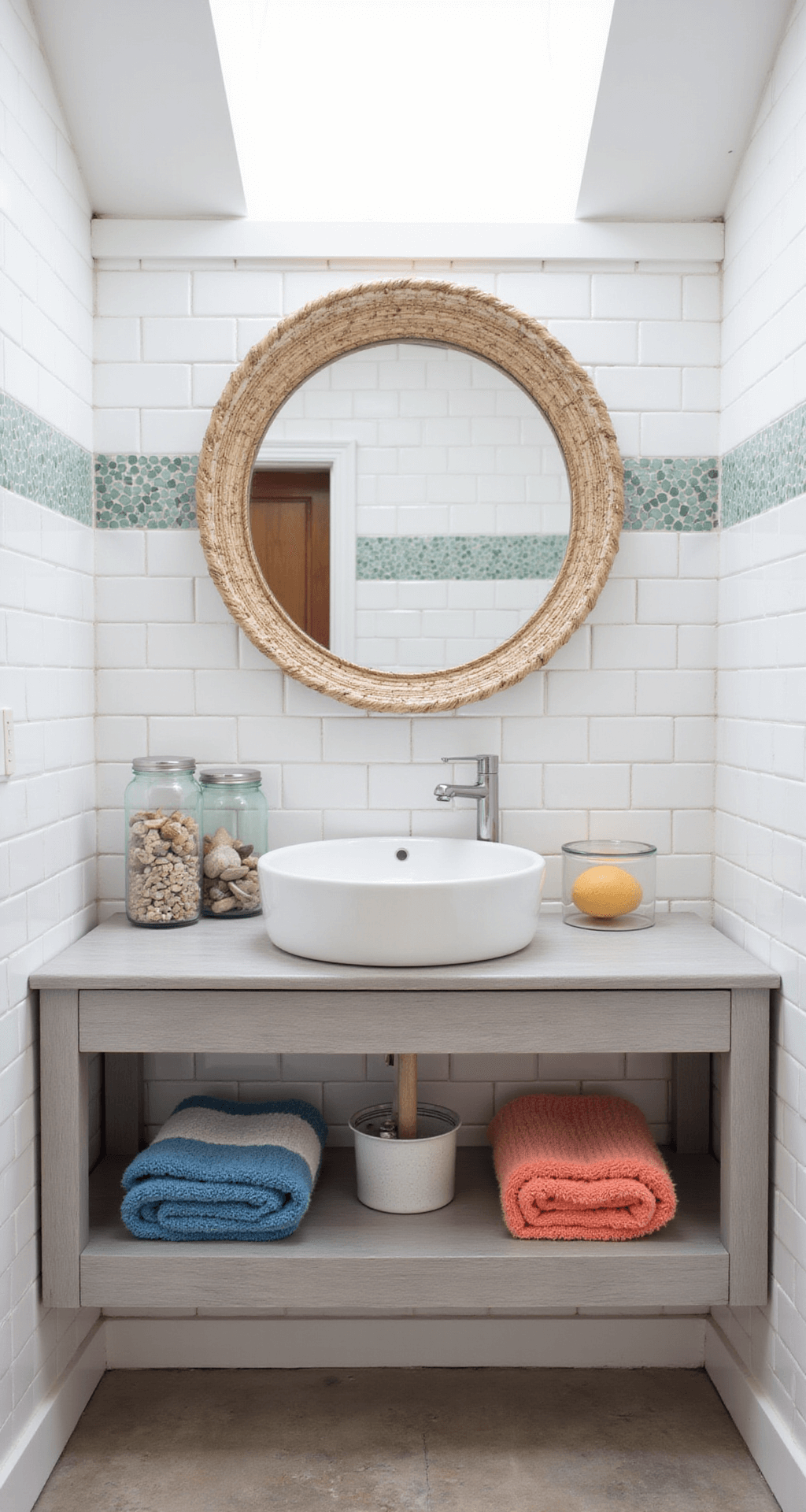A bright and serene compact beach-themed guest bath featuring white subway tile walls with a sea glass accent strip, a driftwood gray floating vanity with a white vessel sink, and a round rattan mirror. The space is illuminated by mid-morning light from a skylight, decorated with glass canisters of shells and sea sponges, and Turkish towels in coral and blue.