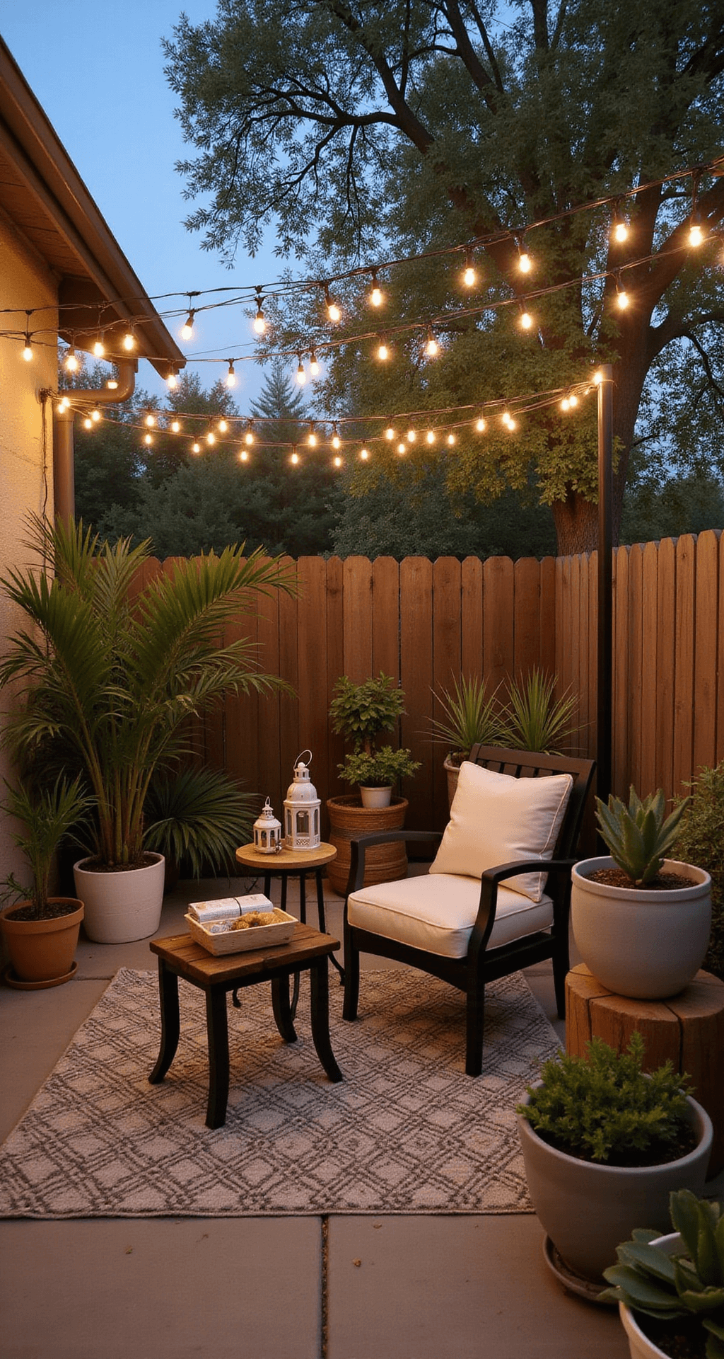 Intimate twilight patio scene featuring a string light canopy, a black metal bistro set with cream cushions, layered neutral outdoor rugs, mismatched ceramic planters with succulents, and a DIY wooden side table with Moroccan-style lanterns, all captured from an elevated angle with a soft bokeh effect.
