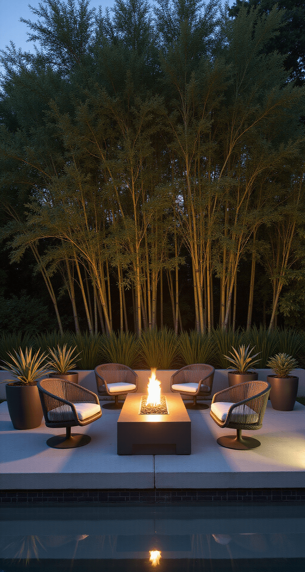 Contemporary lounge featuring a minimalist concrete platform with six low-profile swivel chairs, a rectangular fire table, alternating ghost chairs and planters with architectural succulents, all illuminated at night with dramatic uplighting in a bamboo grove, reflecting fire light on the polished concrete surface.