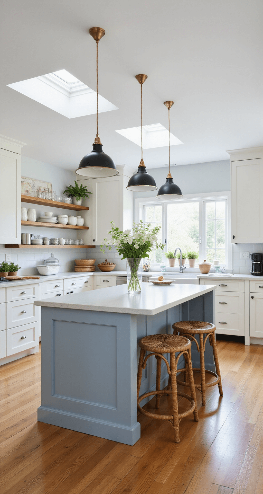 An open concept kitchen featuring a 16x20ft layout with a 10ft island, white shaker cabinets, and a pale blue island base. Rattan barstools are positioned along the island. Natural light streams in from skylights, enhancing the mixed lighting, while open shelving displays white ceramics and glass containers. Potted herbs decorate the windowsill, creating a clean yet lived-in atmosphere. The three-quarter view highlights the efficient workflow triangle.