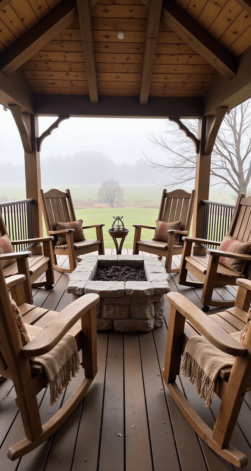 A rustic porch featuring six oversized Amish rocking chairs made of reclaimed barn wood, arranged around a stone fire pit. Handwoven throws in autumn tones and vintage copper accessories adorn the scene, with wrought iron lanterns adding to the ambiance. Morning fog creates atmospheric depth, while diffused natural light accentuates the wood grain details, all presented in a symmetrical composition.