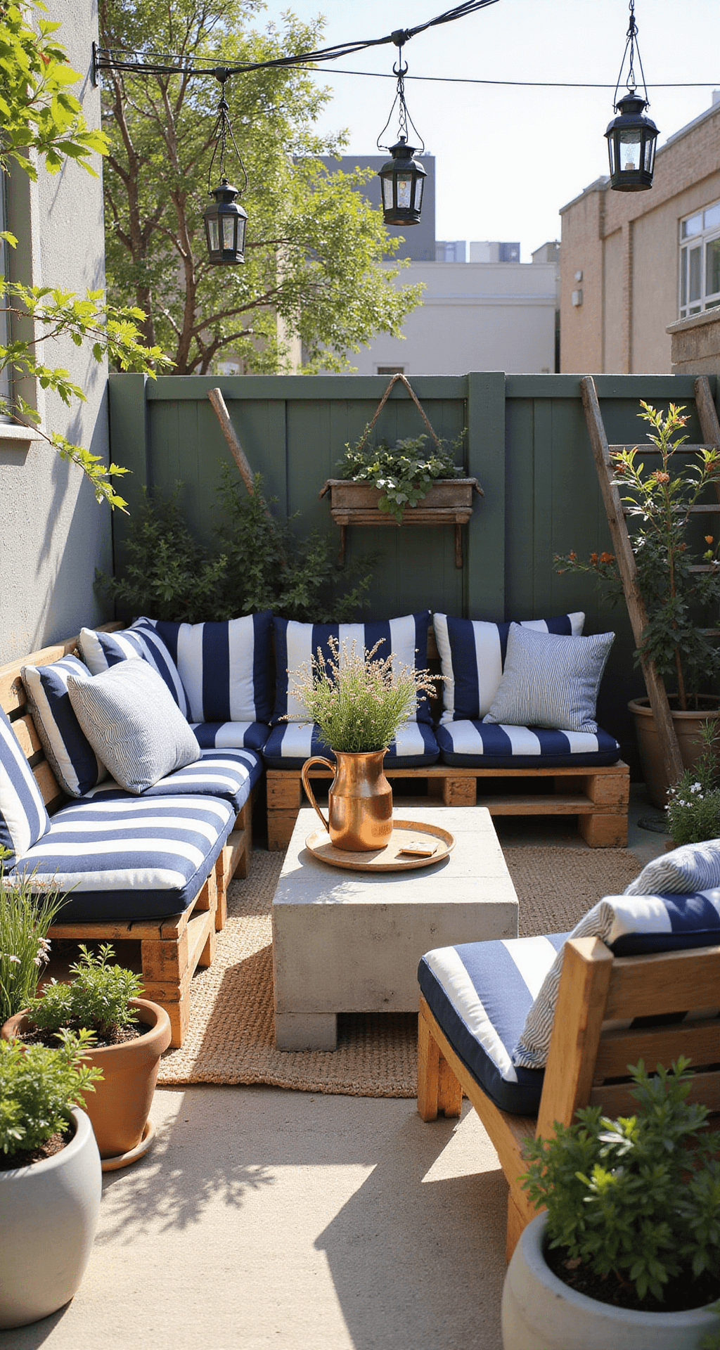 A cozy urban patio features upcycled wooden palette seating with navy and white striped cushions, a DIY concrete side table with a copper pitcher of wildflowers, and white-washed terra cotta pots filled with mixed herbs and flowering plants, all illuminated by morning light. A natural fiber rug adds texture, while vintage metal lanterns hang from a repurposed ladder overhead.