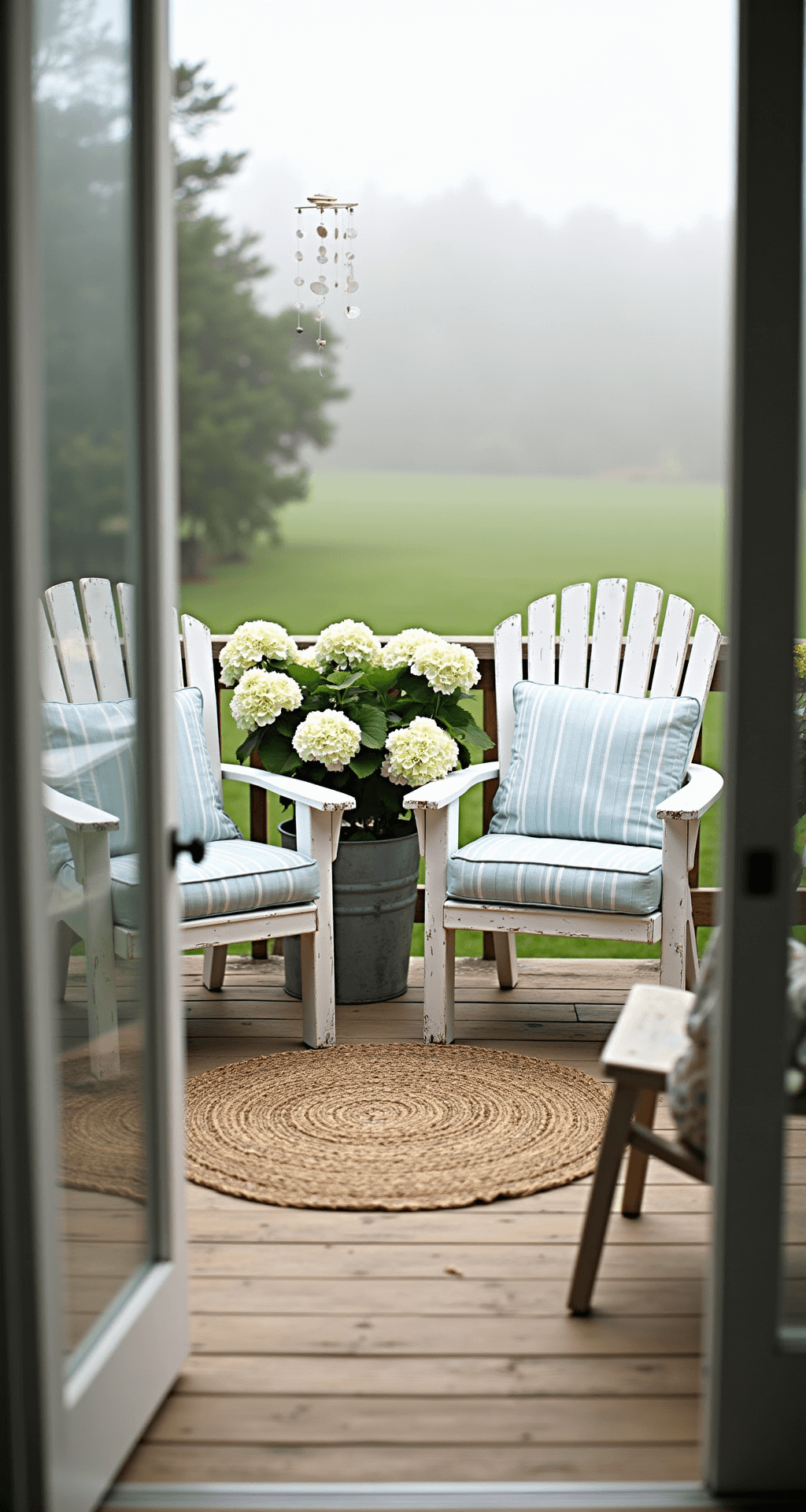 Coastal cottage patio featuring weathered white Adirondack chairs with pale blue striped cushions on cedar decking, flanked by white hydrangeas in galvanized containers, a jute rug, and shell wind chimes, all bathed in gentle morning light and soft mist.