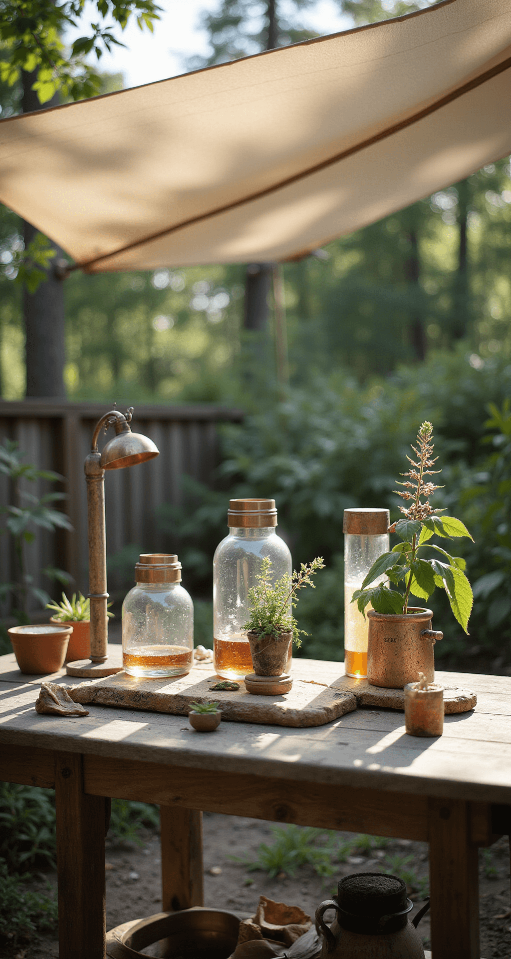 Intimate portrait of a mud kitchen science station with glass test tubes, natural measuring tools, and botanical specimens, illuminated by soft afternoon light filtering through canvas shade sails; features weathered wood surfaces, shiny metal and glass elements, and a cool grey and brown palette accented by copper and greenery.