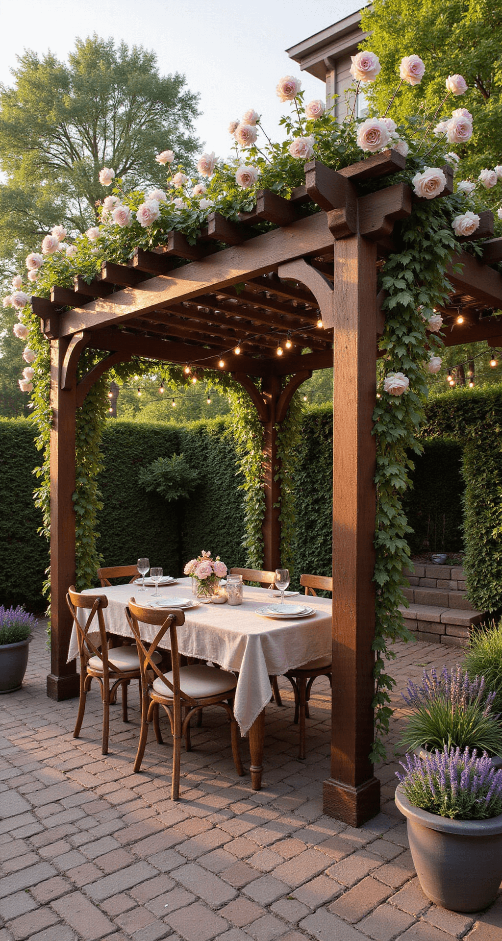 A beautifully decorated backyard patio at golden hour, featuring a grand wooden pergola entwined with climbing roses, a farmhouse table set for dinner, and string lights overhead, all bathed in warm light.