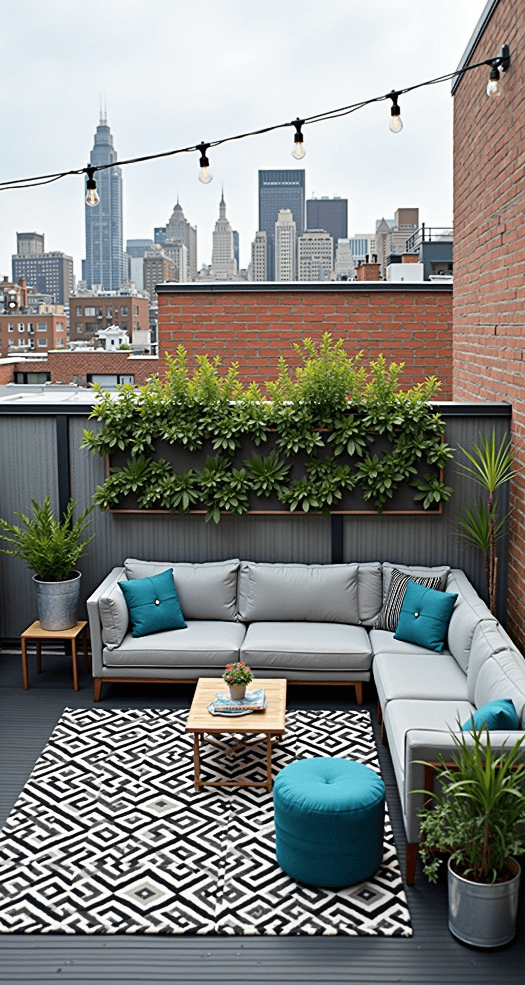 Bird's eye view of a midday rooftop patio featuring a modular outdoor sectional with gray cushions and teal accents, a black and white geometric rug, galvanized planters with a vertical garden, and industrial string lights, set against an urban skyline.