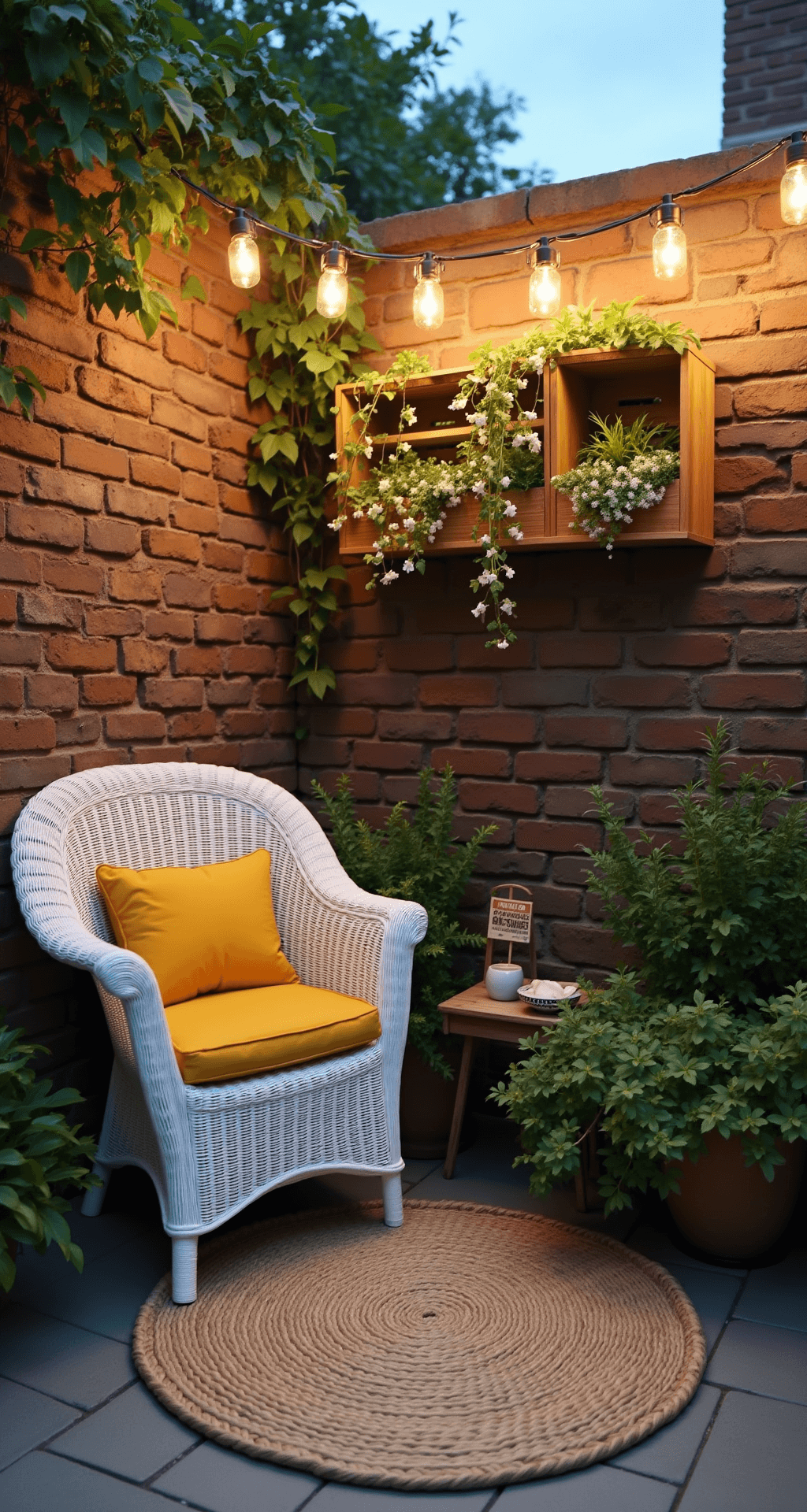 Cozy patio nook featuring a white wicker armchair with mustard cushions, surrounded by a multi-level plant display on wooden crates, a round jute rug, whimsical mason jar lighting, and a weathered brick wall with a mounted herb garden, captured during blue hour.
