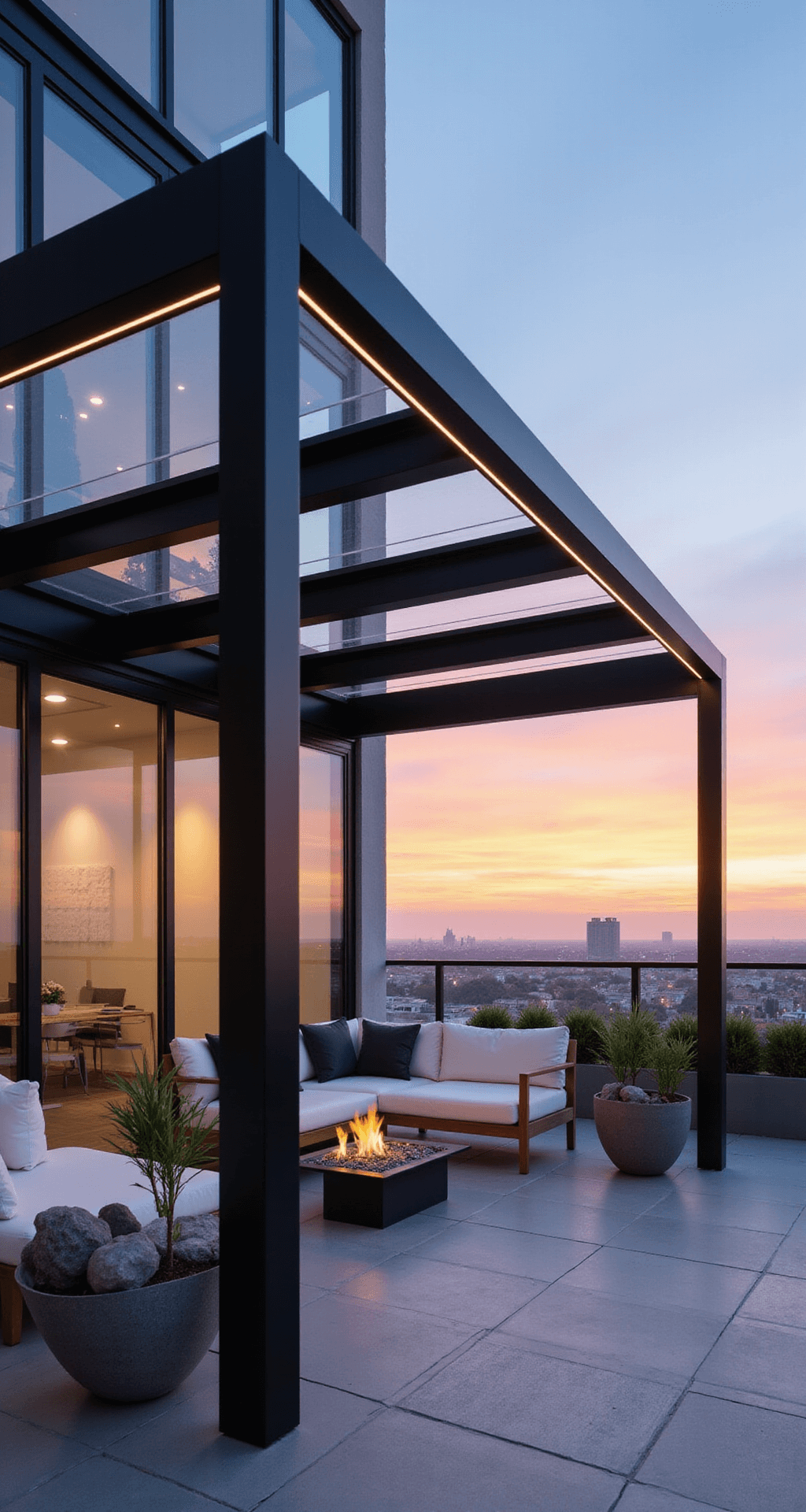A sleek rooftop terrace featuring a matte black steel pergola with clear polycarbonate panels, minimalist white sofas, a fire pit table, and geometric planters, all reflecting the vibrant sunset sky and city skyline.