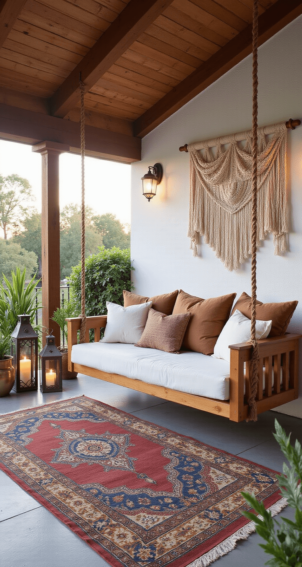 A cozy sunset-lit covered patio featuring a DIY hanging daybed with neutral linens and earth-toned pillows, a vintage Persian rug in muted jewel tones, oversized floor lanterns with LED candles, brass planters with tropical plants, and a macramé wall hanging against white-washed walls.