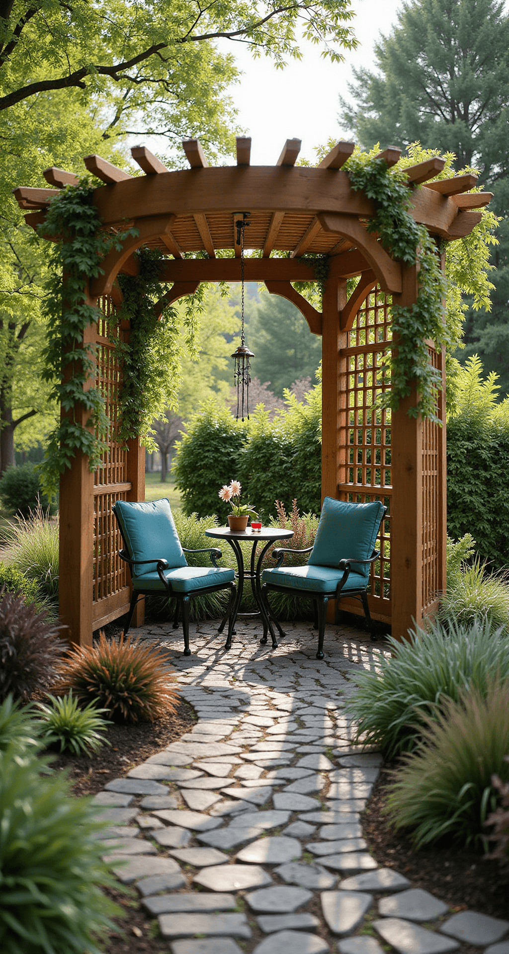 A cozy corner pergola made of natural cedar, adorned with morning glory vines, provides a serene seating area featuring a wrought iron bistro set with teal cushions, surrounded by a lush garden with colorful perennials and ornamental grasses. A small water feature, hanging ferns, and wind chimes add to the tranquil ambiance, with dew-kissed cobblestones leading up to the inviting space.
