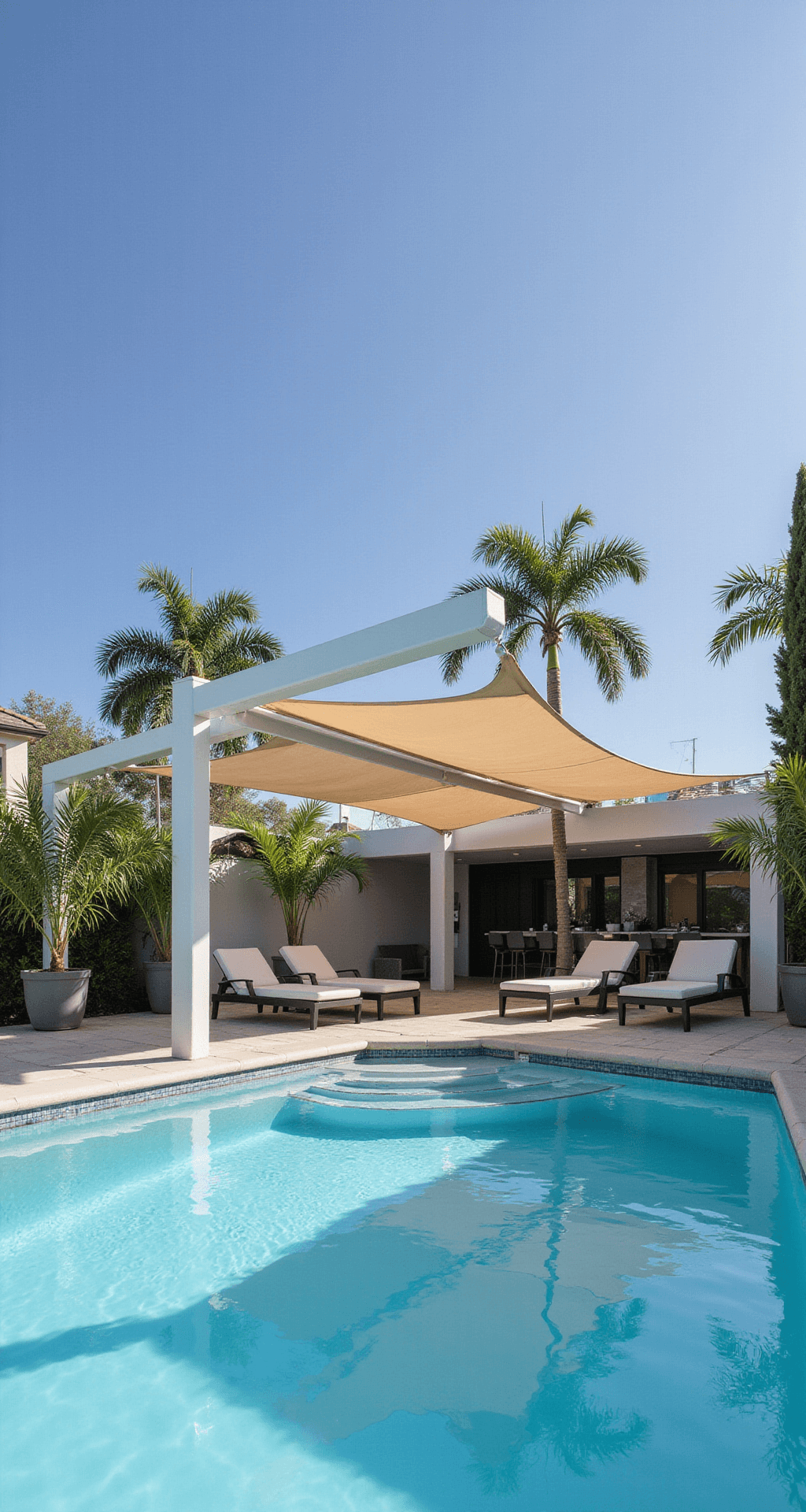 Aerial view of a modern poolside area featuring a large cantilever pergola with a white aluminum frame and retractable beige fabric panels, surrounded by dove gray lounge chairs, a floating bar, and oversized potted palms, all reflected in the bright blue pool water.