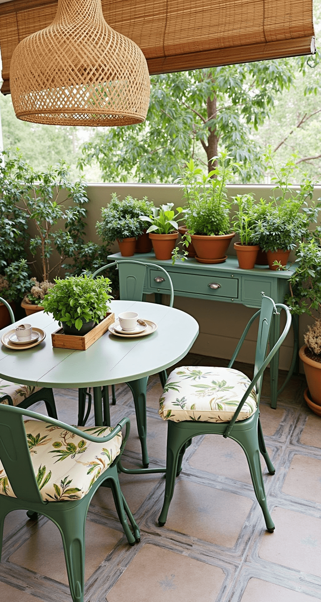 Aerial view of a stylish morning patio breakfast scene featuring a restored vintage iron table with sage green mix-and-match chairs and botanical print cushions, a bamboo roll-up shade filtering light, clustered terra cotta pots of Mediterranean herbs, moroccan patterned painted concrete floor tiles, and a textured rattan pendant light overhead.