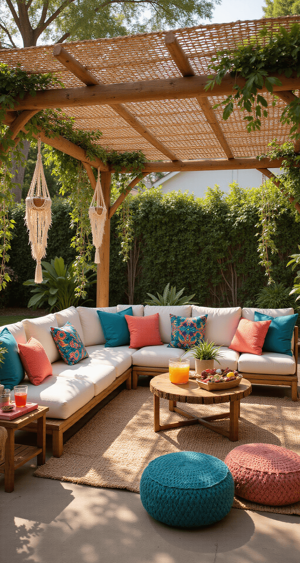 A bamboo pergola with a woven overhead pattern in a tropical backyard, featuring a bohemian outdoor living room with rattan furniture, Moroccan poufs, and jute rugs, accented by macramé plant hangers and vibrant throw pillows, all bathed in warm golden hour lighting.