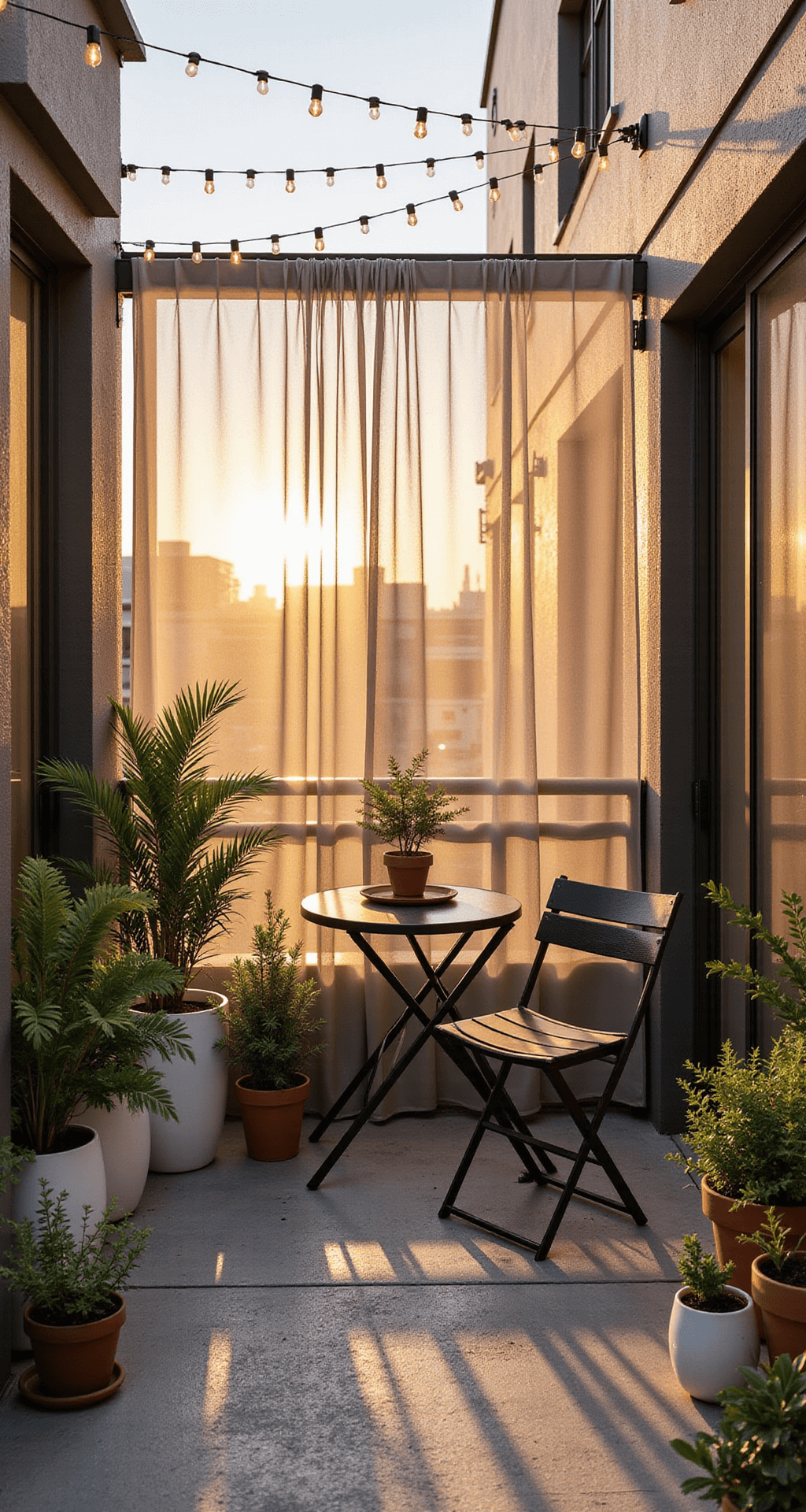 A cozy urban balcony patio at golden hour featuring a minimalist folding bistro set and a slim wall-mounted console, illuminated by warm sunset light filtering through sheer curtains. Potted plants in white and terra cotta containers add depth, while string lights overhead create a geometric pattern.