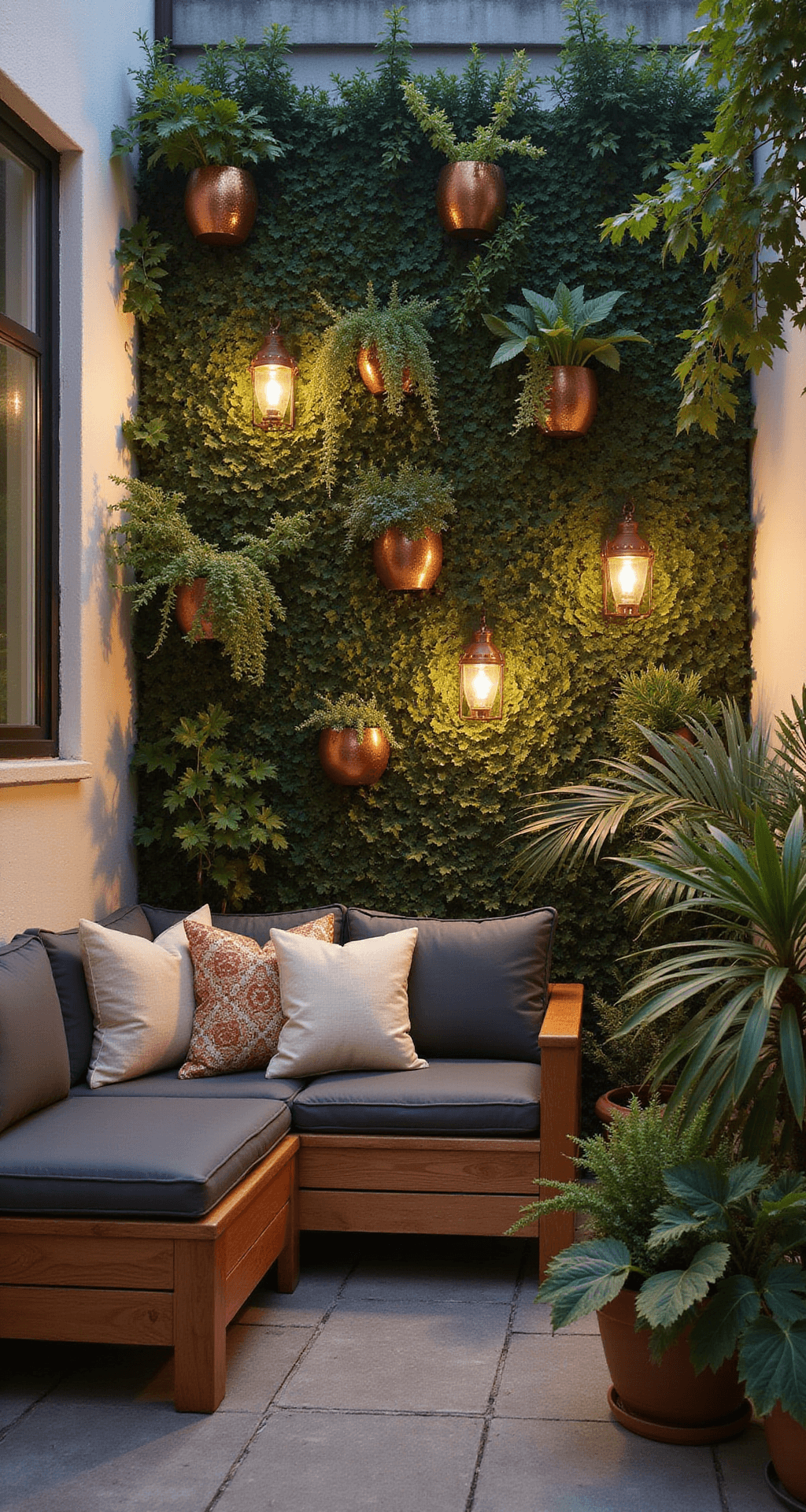 Intimate dusk courtyard patio featuring an L-shaped storage bench with weather-resistant cushions, a vertical garden wall of ivy and herbs in copper planters, and Moroccan-style lanterns casting intricate shadows, all highlighted by soft diffused lighting.