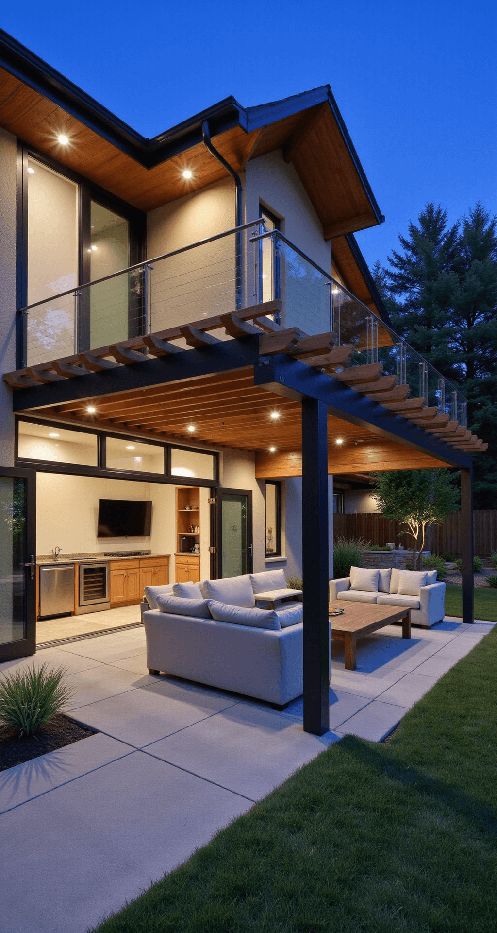 A contemporary home with an 18x24ft ipe wood pergola at twilight, featuring floor-to-ceiling sliding glass doors, a sleek outdoor kitchen, a light gray sectional sofa facing a large outdoor TV, and a zen garden illuminated by subtle landscape lighting, all bathed in cool blue-toned light.