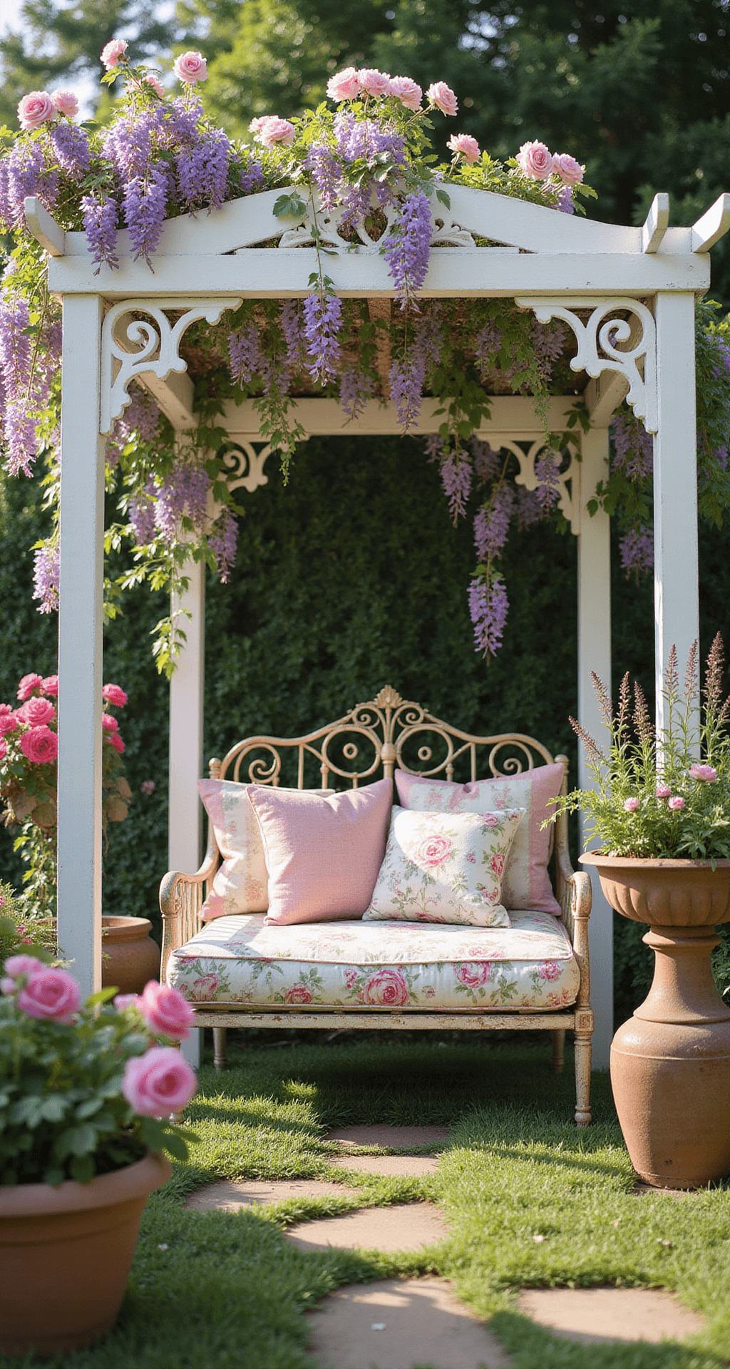 A beautifully detailed freestanding white pergola with Victorian-inspired scrollwork in a romantic English cottage garden, adorned with cascading climbing roses and wisteria, featuring a vintage wrought iron daybed surrounded by fragrant herbs and pastel blooms, all bathed in soft morning light.