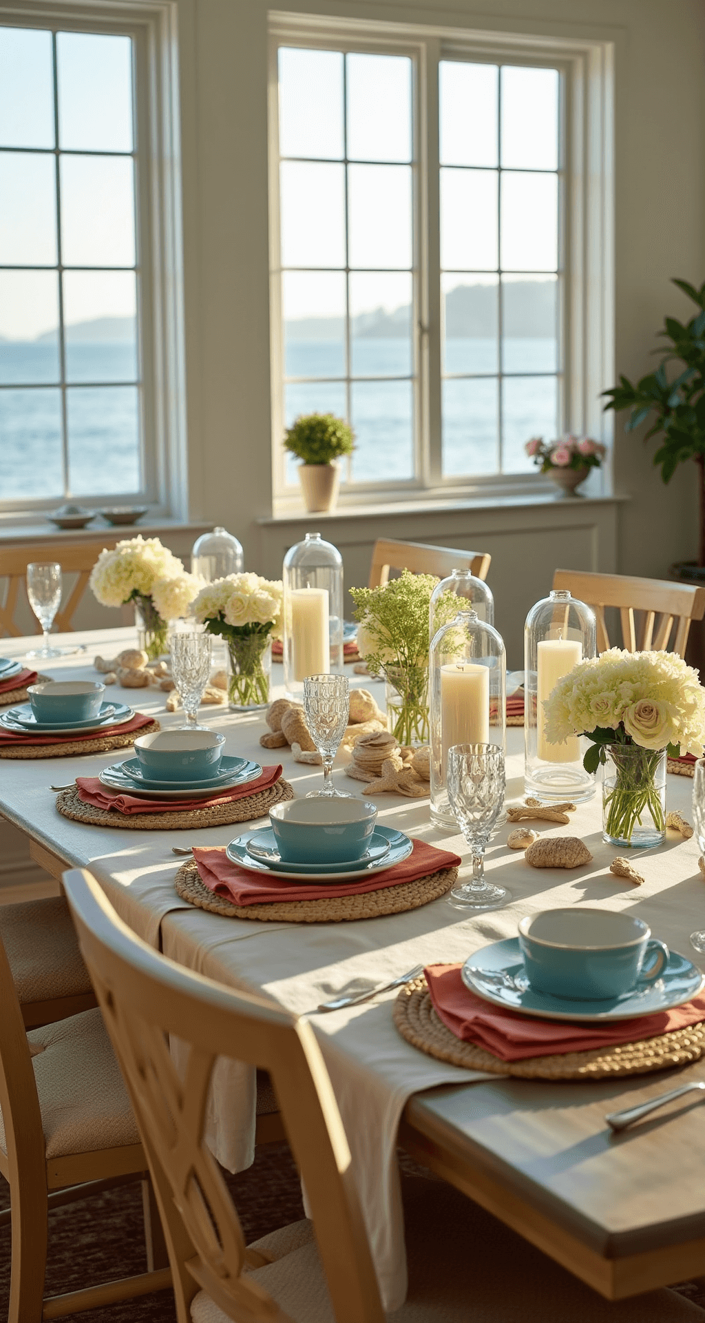 Summer Tablescapes: Bringing the Outdoors In Sunlit dining room with floor-to-ceiling windows featuring a 10-seat weathered oak table dressed in white linen, ocean-blue plates, coral napkins, and a centerpiece of glass hurricanes with candles, surrounded by seashells and driftwood. Fresh hydrangeas and garden roses in glass vases add depth, while natural light casts soft shadows in an airy, elegant coastal atmosphere.