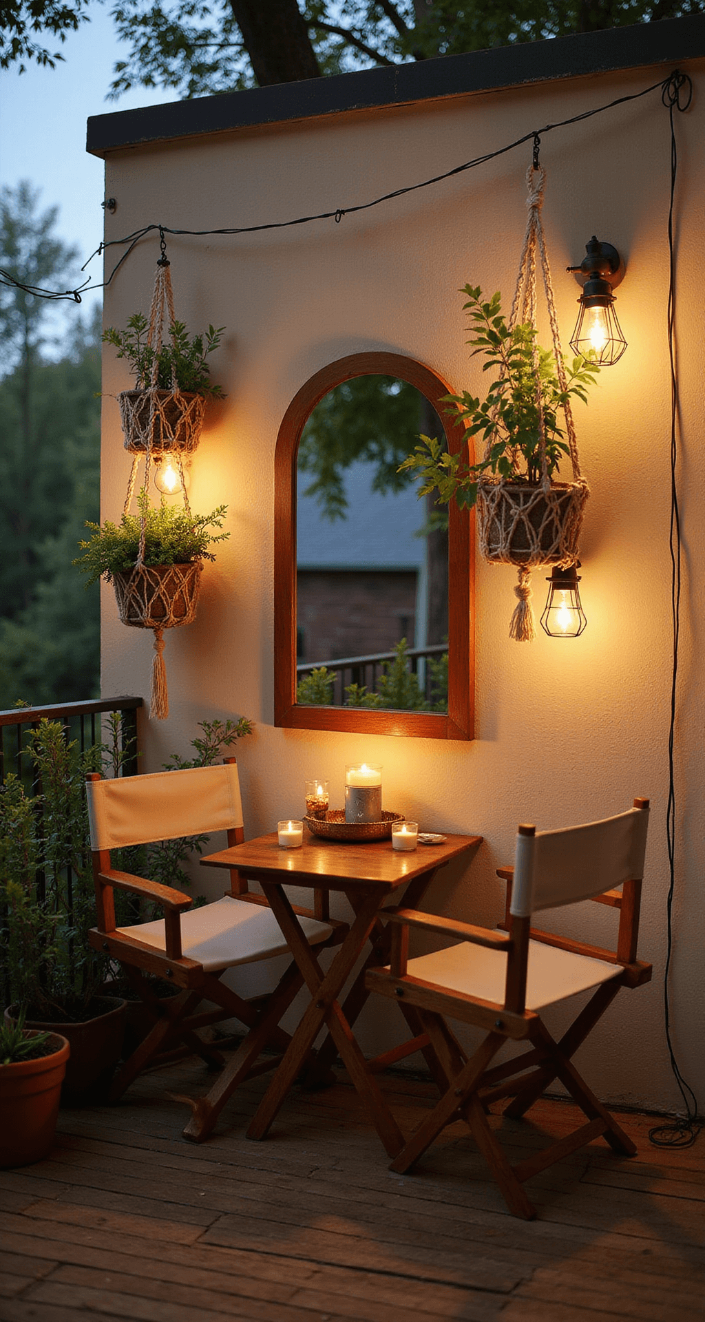 A cozy 4x6ft apartment patio at twilight featuring a wall-mounted fold-down table and two director's chairs. A vintage mirror enhances depth, while tiered macramé planters create vertical interest. Battery-operated candles and copper wire lights set an intimate ambiance, with warm beige, rust, cream, and forest green tones throughout the scene.