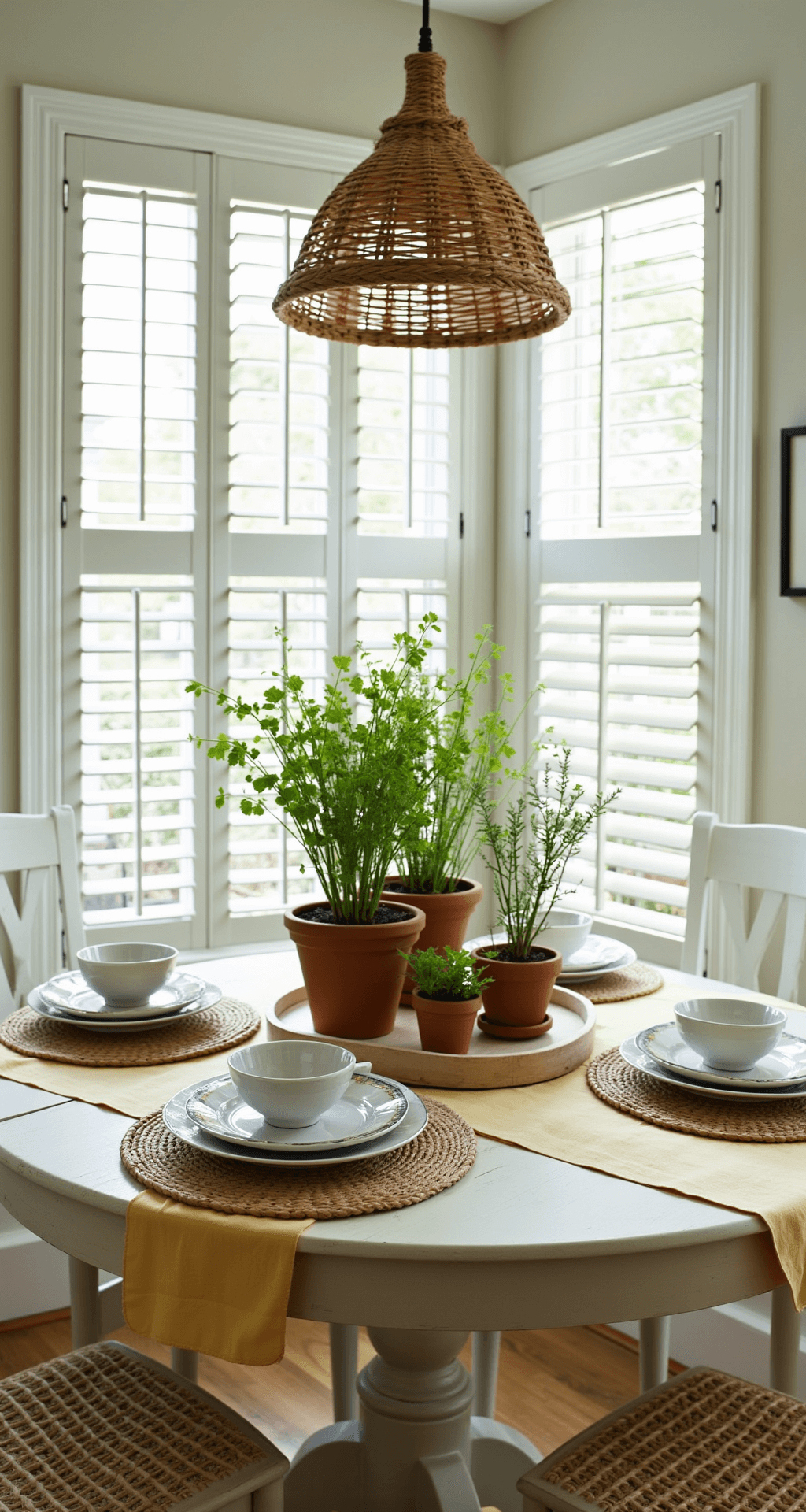Summer Tablescapes: Bringing the Outdoors In Intimate breakfast nook with bay window, morning light filtering through white plantation shutters, featuring a round pedestal table with a vintage yellow and white striped tablecloth, mixed white pottery, sand-toned linen napkins, rattan chargers, and a centerpiece of potted Mediterranean herbs in terracotta pots. A woven pendant light hangs above, creating a fresh, garden-inspired atmosphere.