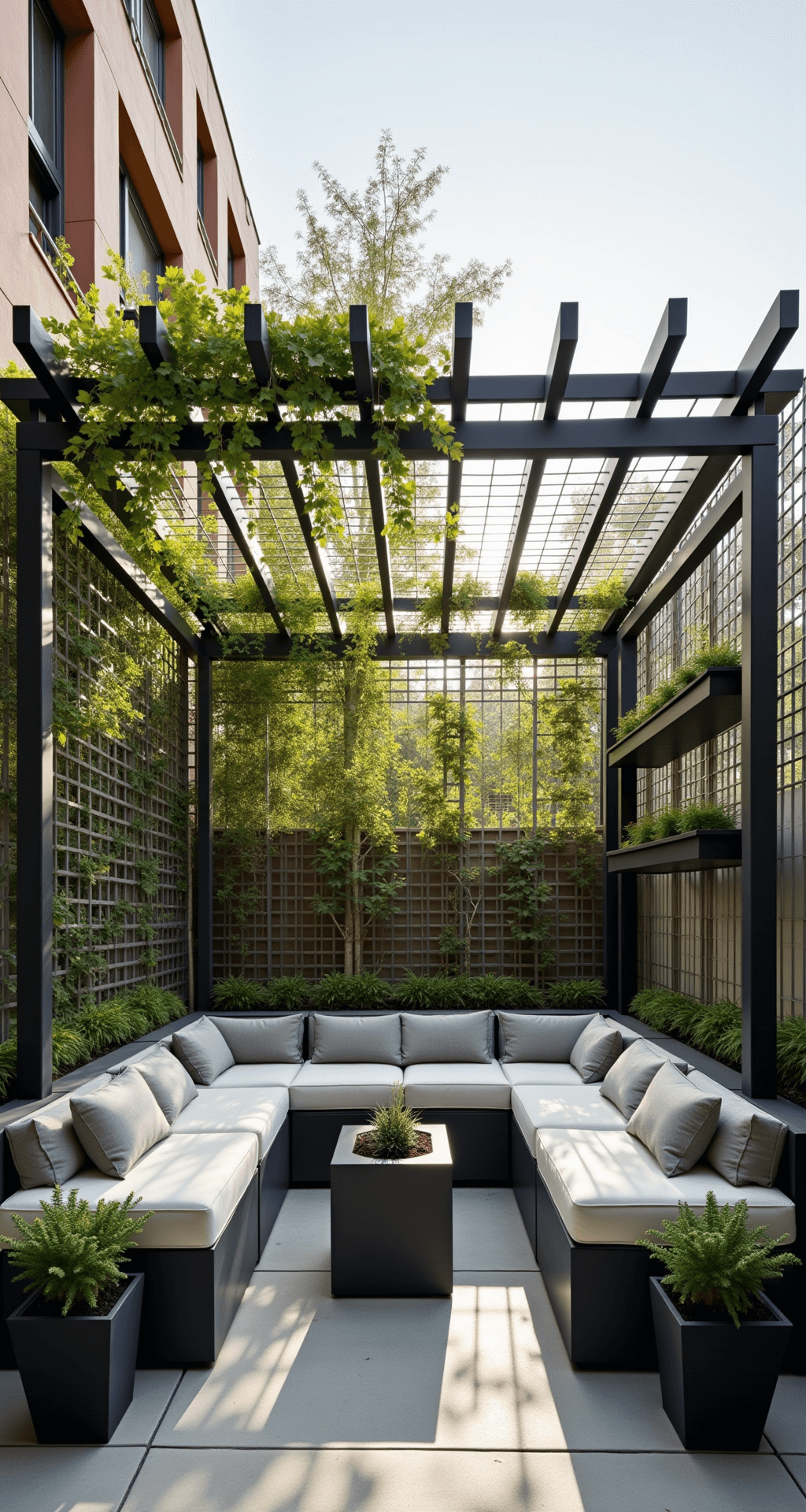 Aerial view of a contemporary townhouse patio showcasing a space-saving layout with modular seating cubes, a sleek metal grid for climbing vines, floating shelves with succulents, and concealed LED lighting in a custom pergola, featuring geometric patterns and a color scheme of concrete gray, white, black, and chartreuse accents.