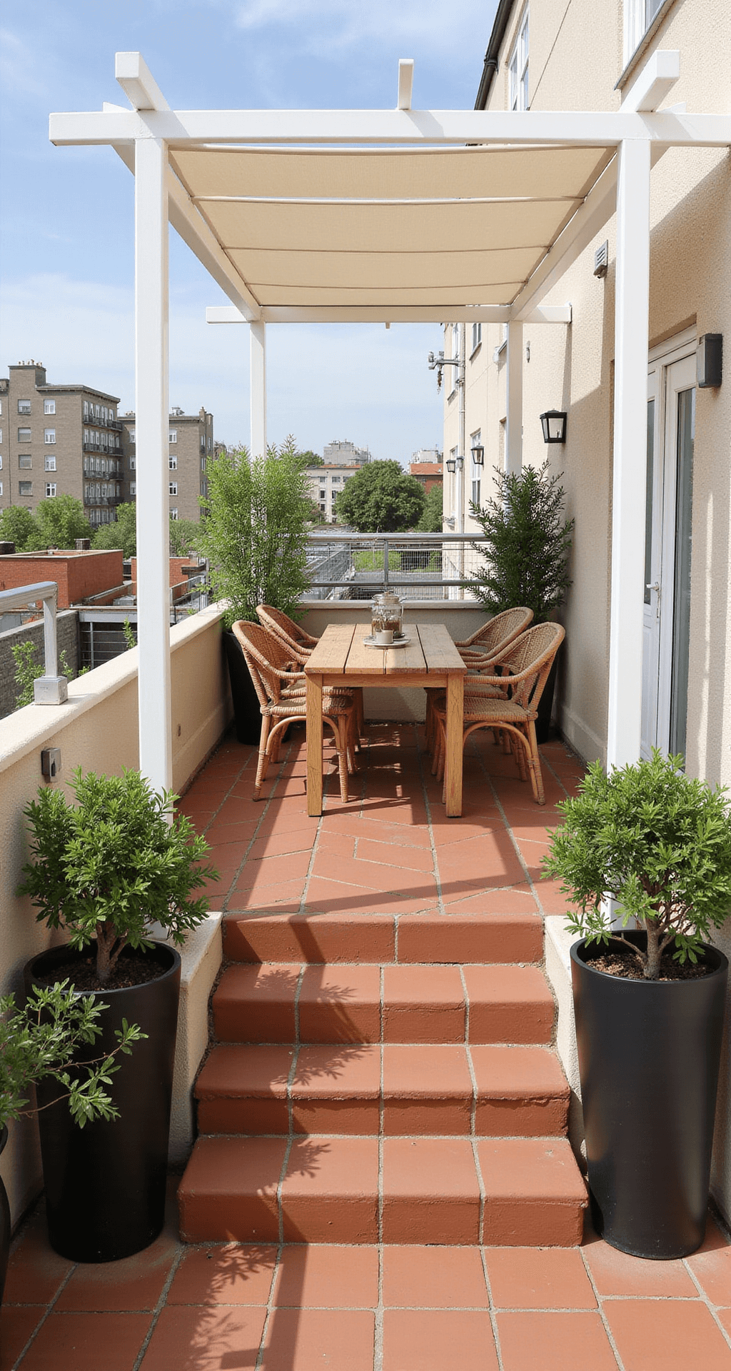 A high-angle view of a compact urban rooftop terrace featuring a white powder-coated steel pergola over an acacia wood dining set with woven rattan chairs, surrounded by potted plants in matte black planters, set against a backdrop of city buildings and terracotta tiles under bright midday light.