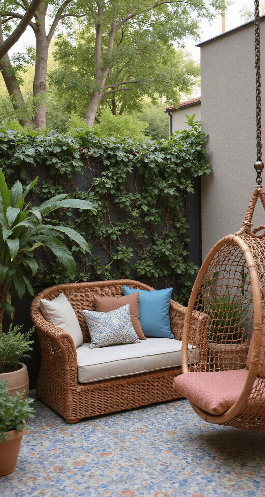 A cozy Bohemian garden patio featuring a rattan hanging chair and a compact love seat with hidden storage, surrounded by a living wall of tropical plants. The floor is adorned with colorful Moroccan tiles, and natural light filters through semi-sheer outdoor drapes, showcasing a palette of terracotta, peacock blue, aged brass, and sand, emphasizing layered textures and pattern mixing.