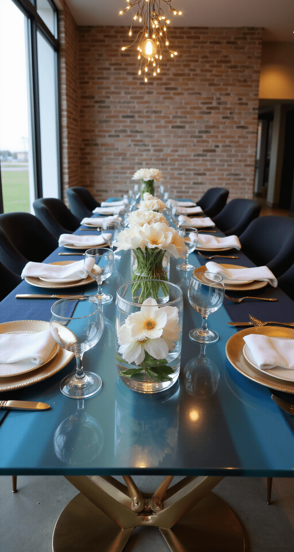 Summer Tablescapes: Bringing the Outdoors In A modern open-concept dining space featuring an exposed brick wall, illuminated by soft magic hour lighting. A glass-top table with a brass base is elegantly set with ombré blue linens, white china with gold rims, azure glass chargers, and white linen napkins in mother-of-pearl rings. A dramatic centerpiece showcases floating gardenias in clear cylinder vases of varying heights. Fairy lights overhead add an ambient glow, shot from a low angle to emphasize the table's length and the enchanting blooms, evoking a sophisticated summer evening atmosphere.