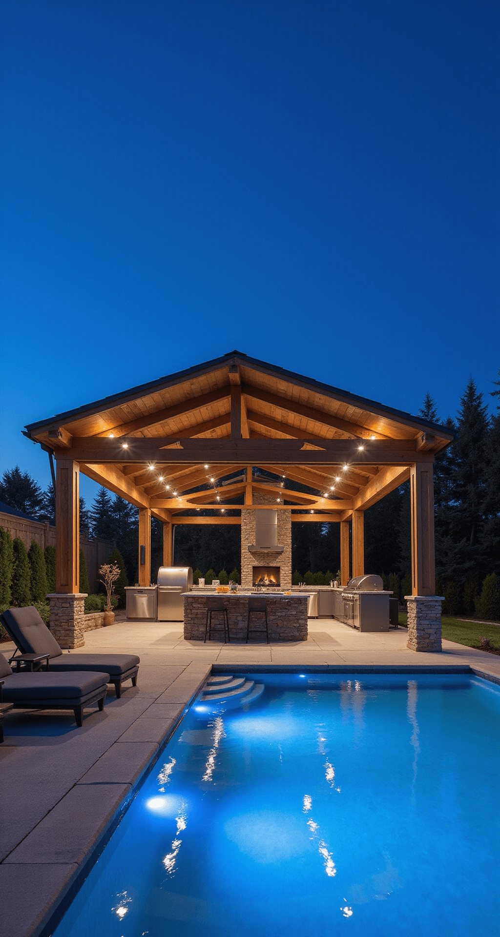 A luxurious poolside area at dusk featuring a large modern pergola with wood and metal elements, a full outdoor kitchen with stainless steel appliances, and lounge chairs by the shimmering pool, all illuminated with cool blue LED lighting.