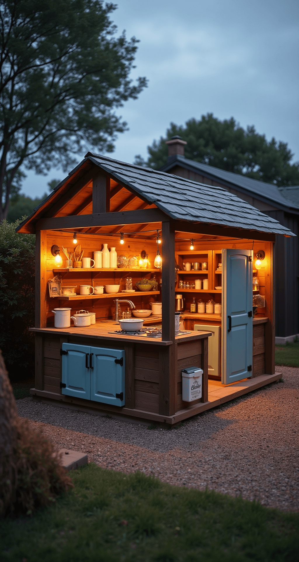 A spacious outdoor mud kitchen at dusk, with zones for wet and dry play, featuring repurposed cabinets, varying-height wooden work surfaces, a cleanup station, and vintage cream and blue enamelware set against dark stained wood, all illuminated by string lights in a warm golden hour glow.