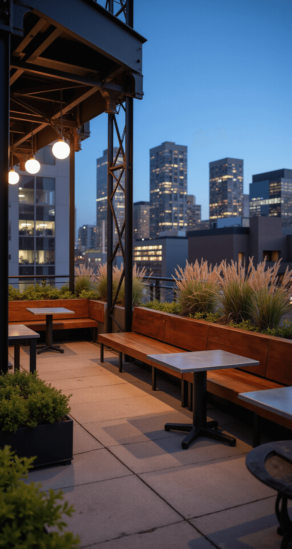Industrial chic rooftop patio at blue hour featuring raw concrete flooring, warm wood banquette seating, and metal accent tables, with dramatic up-lighting on structural steel and potted grasses, set against an urban skyline bokeh background.
