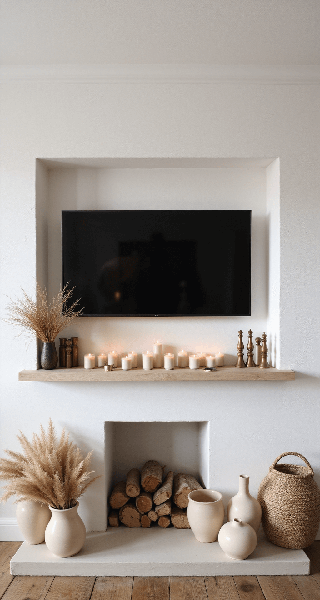 A modern Scandinavian-inspired living space featuring a white oak mantle and textured white walls, accented with a sleek black TV, handmade ceramic vessels in cream and sand tones, dried pampas grass, vintage brass objects, and a warm ambiance from LED candles, all bathed in morning light.