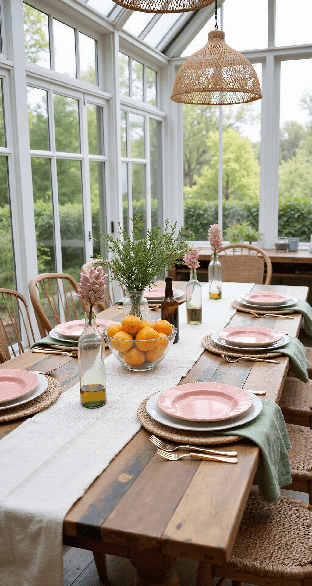 Summer Tablescapes: Bringing the Outdoors In Light-filled conservatory dining space with greenhouse-style ceiling, featuring a farmhouse table set with handmade ceramic plates, natural fiber placemats, and sage green napkins. A centerpiece of citrus fruits and olive branches is surrounded by vintage bottles with proteas. Rattan pendant lights hang overhead, all captured at a 45-degree angle.