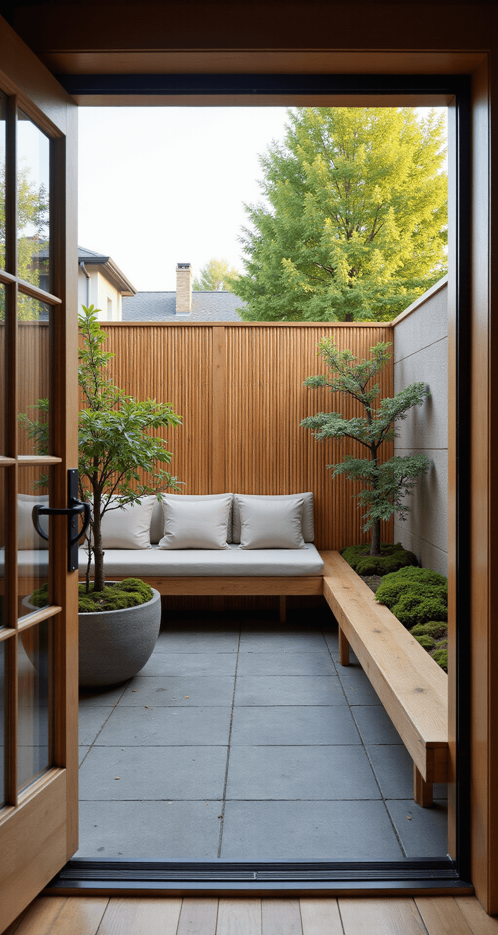 A Zen-inspired balcony patio at sunrise, featuring a built-in bench, bamboo privacy screens, Japanese maples in stone containers, and integrated LED lighting, captured from the doorway with a focus on clean lines and colors of light oak, slate, moss green, and pearl gray.