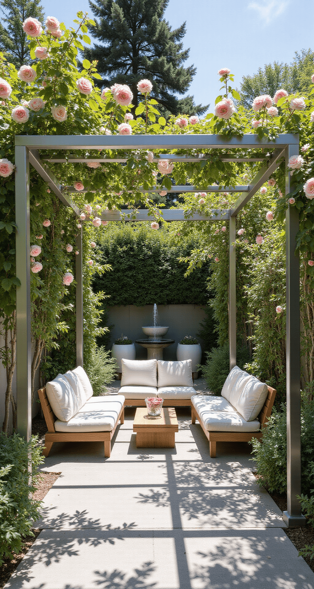 An airy garden terrace featuring a minimalist brushed stainless steel pergola adorned with climbing roses, white linen sofas, and natural wood accents, with a bubbling fountain and dappled sunlight casting patterns on light grey stone flooring.