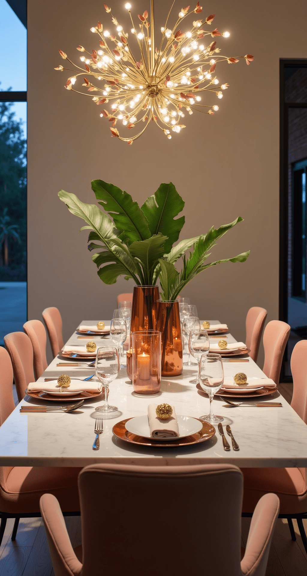 Summer Tablescapes: Bringing the Outdoors In A contemporary dining room featuring a statement chandelier and sleek marble table set with gradient pink to peach linens, accented by white porcelain dishware, rose gold chargers, and blush metallic napkin rings. A centerpiece of tropical leaves and king proteas in tall glass vessels is complemented by copper votives. The room is softly lit with diffused overhead lighting, creating a tropical luxe ambiance, captured from the entrance doorway.
