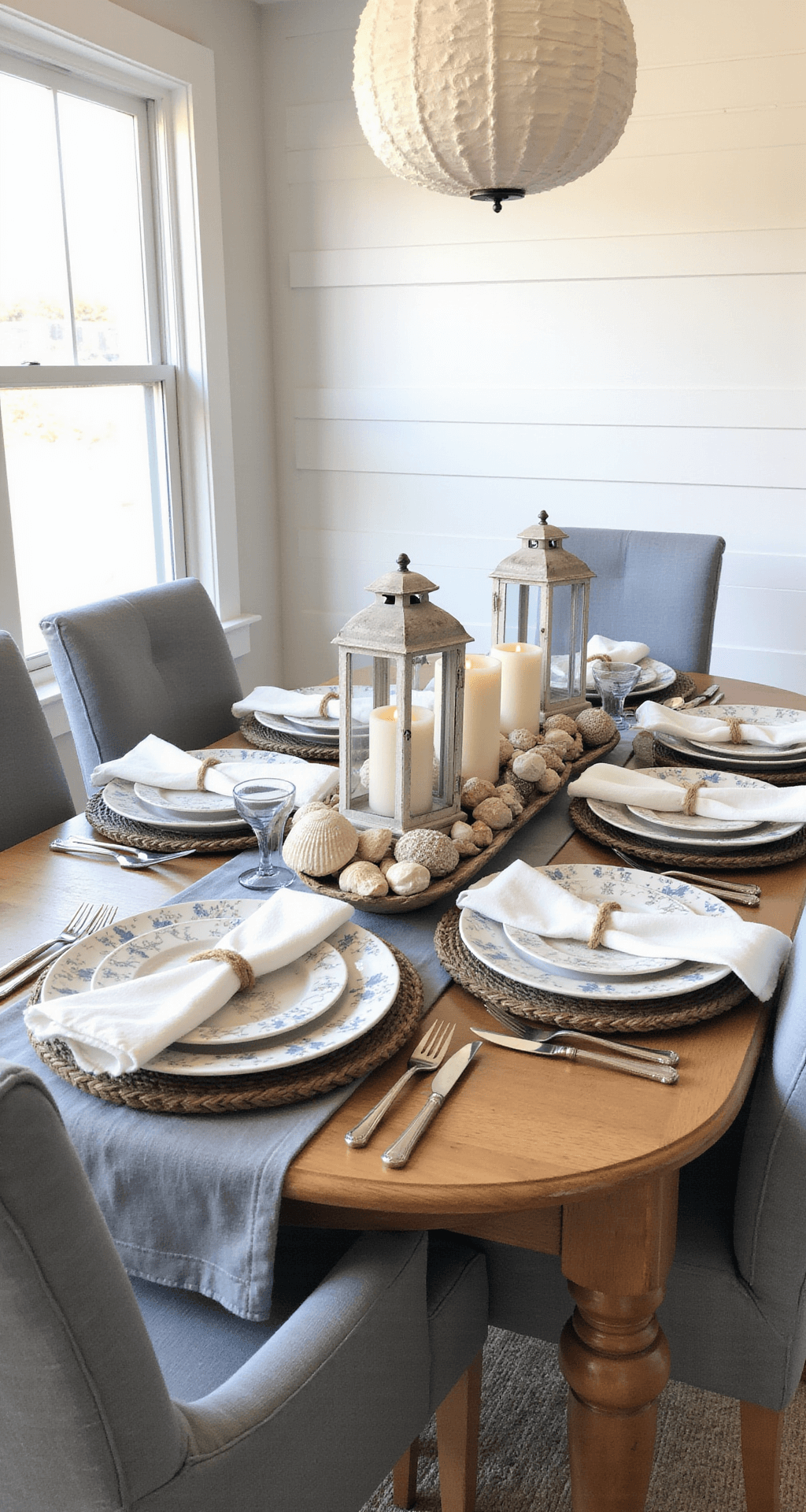 Summer Tablescapes: Bringing the Outdoors In Coastal dining space featuring white shiplap walls, an oval teak table with a blue-grey linen tablecloth, hand-painted nautical plates, rope-detailed chargers, and jute-tied white linen napkins, adorned with weathered lanterns and seashells, illuminated by a Capiz shell chandelier, all captured at table height.