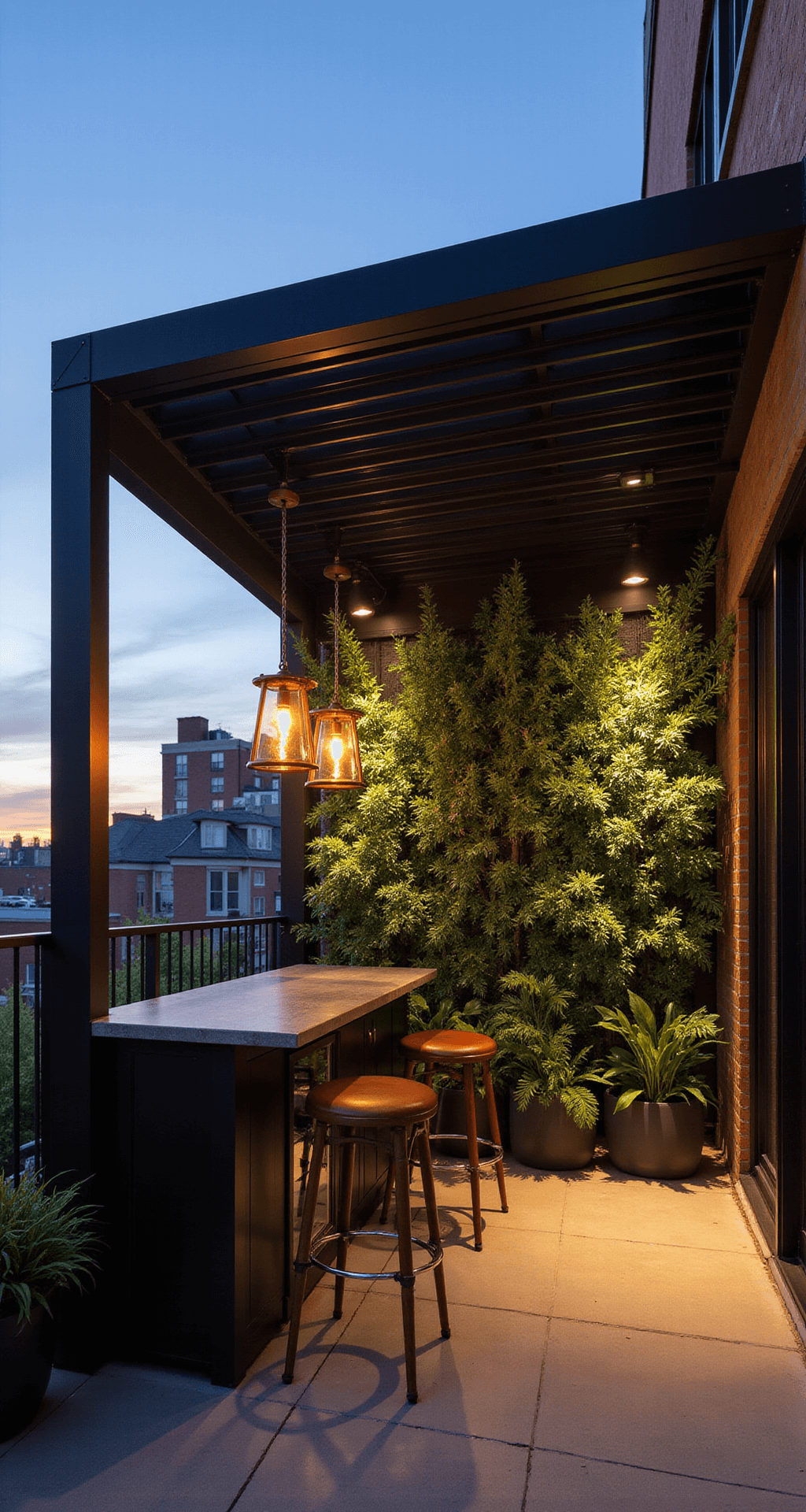 A stylish apartment balcony at sunset, featuring a black aluminum pergola with a louvered roof, a small bar with leather stools, and a built-in wine fridge. The other side showcases a lush vertical garden wall filled with ferns and tropical plants, illuminated by warm copper lanterns, all set against a dramatic city skyline.