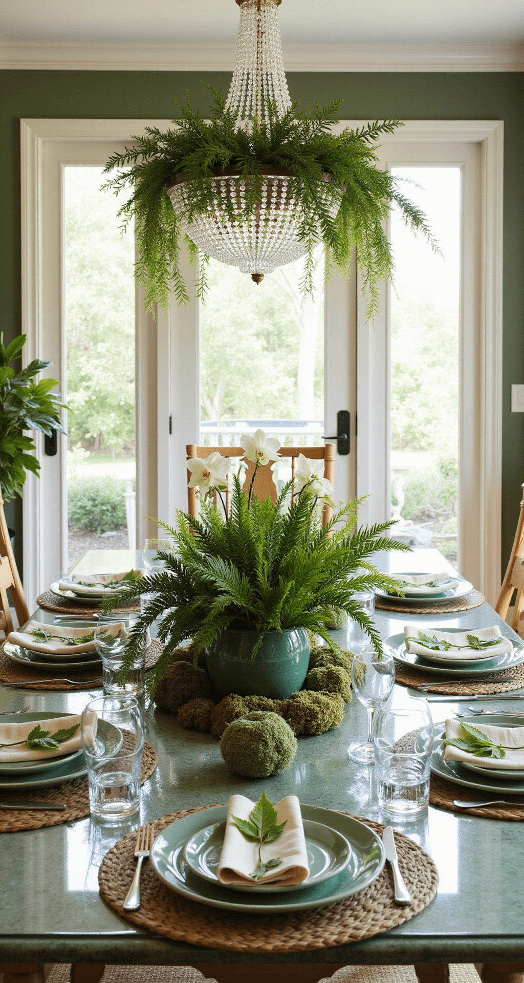 Summer Tablescapes: Bringing the Outdoors In Garden-inspired dining room with French doors, featuring a glass-top table on an antiqued mirror base, set with botanical print tablecloth and mixed place settings. Lush centerpiece of ferns, moss, and orchids, with a crystal chandelier draped in vines, capturing enchanting indoor/outdoor flow in late morning light.