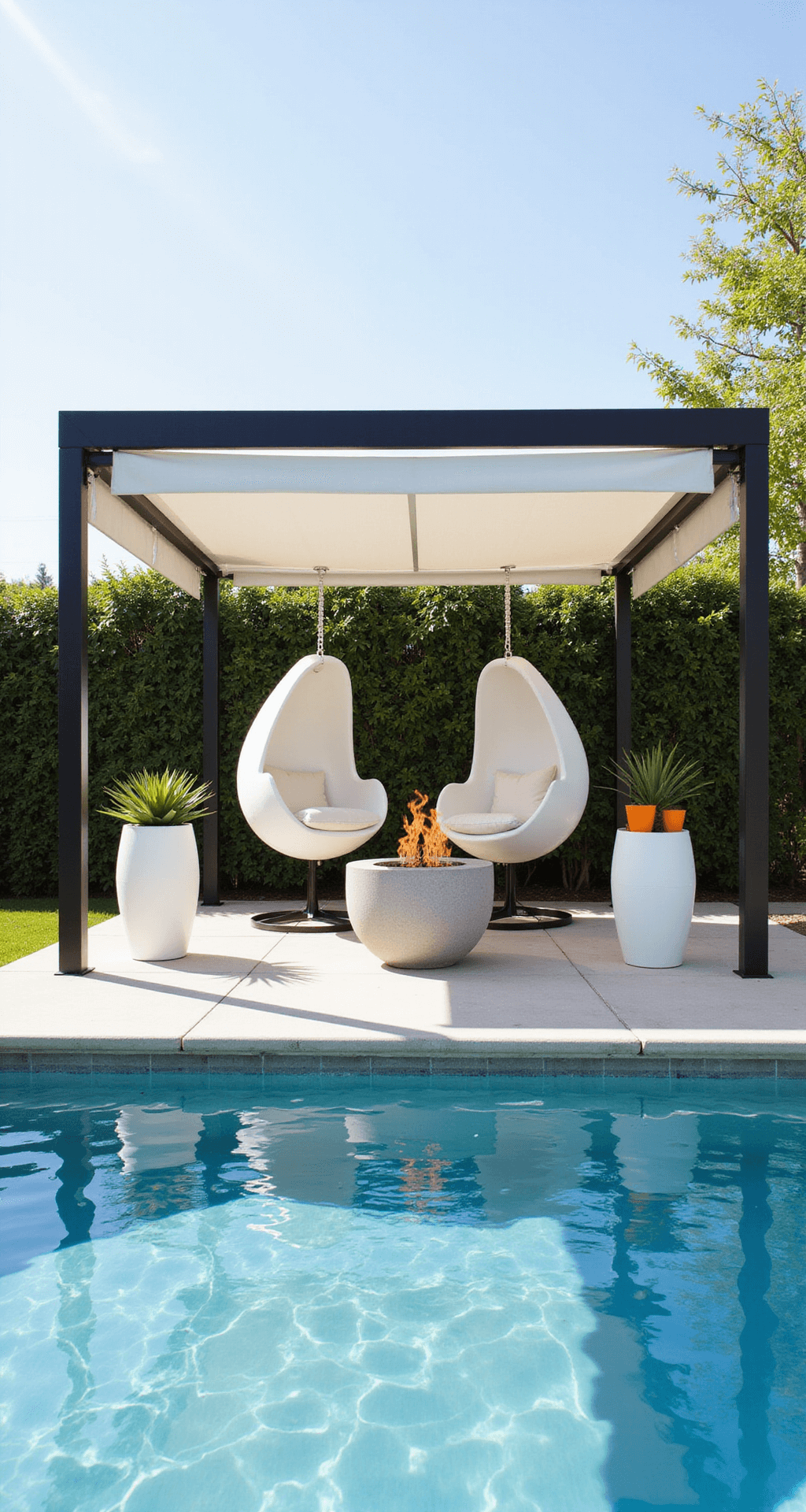 Modern poolside pergola oasis featuring a sleek black aluminum frame with a half-extended white canvas canopy, suspended white egg chairs, a low concrete fire pit, and minimal decor with large pottery succulents, all set against a bright midday sun reflecting off the pool's surface.
