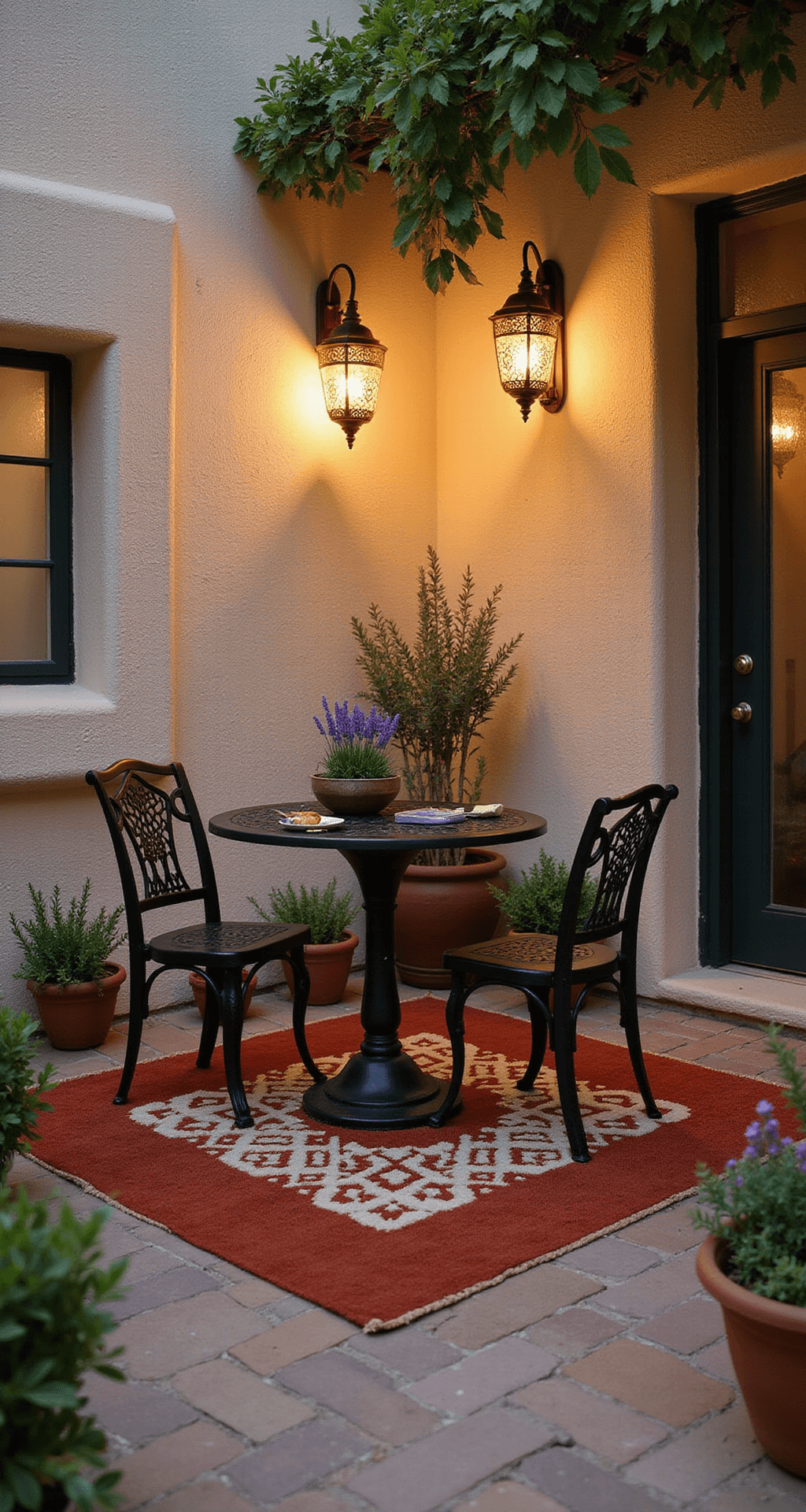 A cozy Mediterranean-inspired patio corner at dusk features a vintage black wrought iron bistro set on a geometric terracotta and cream rug, surrounded by terracotta pots of lavender and rosemary. Moroccan solar lanterns cast intricate shadows on textured stucco walls, complemented by warm ambient lighting from brass sconces. The scene showcases rich textures and warm colors.