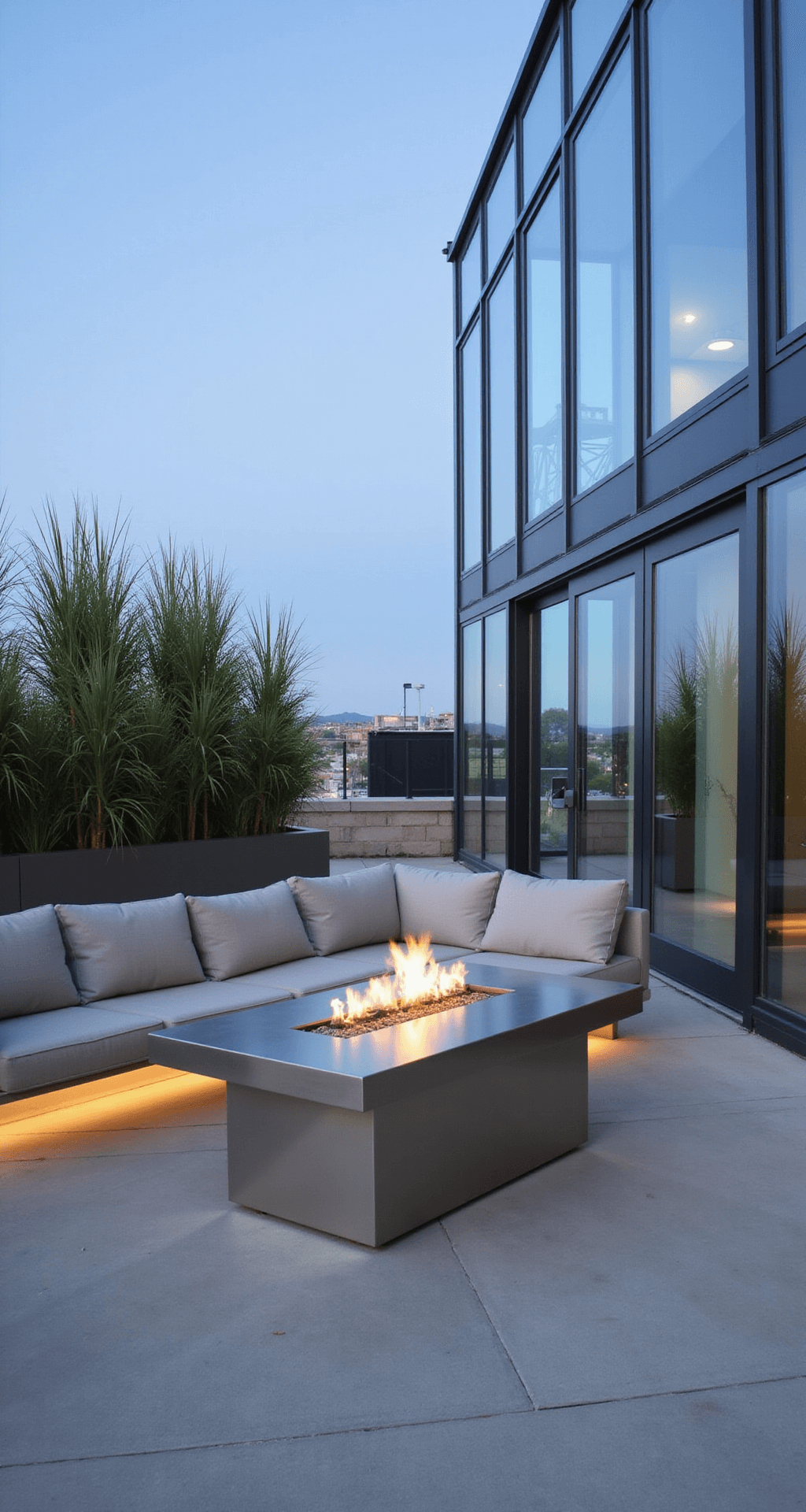 Modern minimalist rooftop patio featuring a clean-lined sectional in light gray fabric, oversized concrete planters with grasses, and a sleek fire pit table, illuminated by concealed LED strip lighting during blue hour.