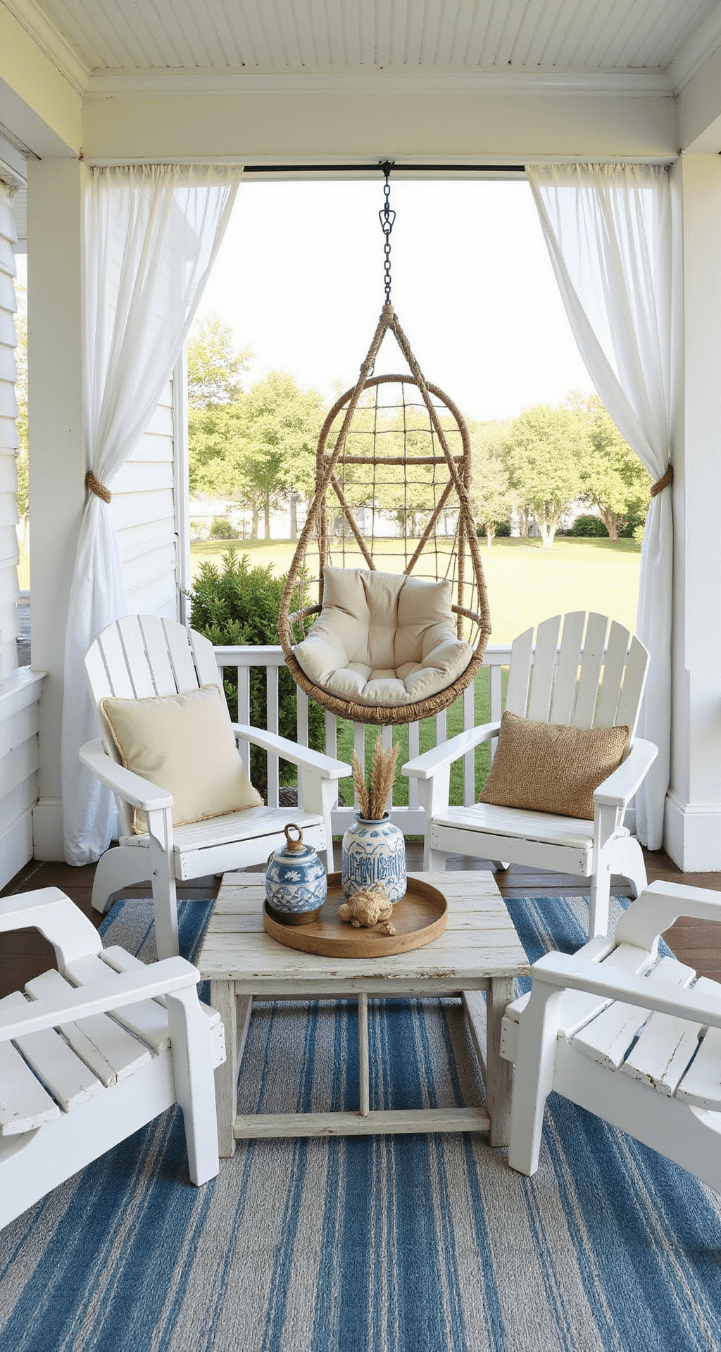 Coastal-inspired covered patio featuring distressed white Adirondack chairs around a reclaimed wood coffee table, set on a striped ocean blue rug, with fluttering sheer curtains, a hanging chair with cream cushions, and mixed blue-and-white ceramics displaying beach grasses.